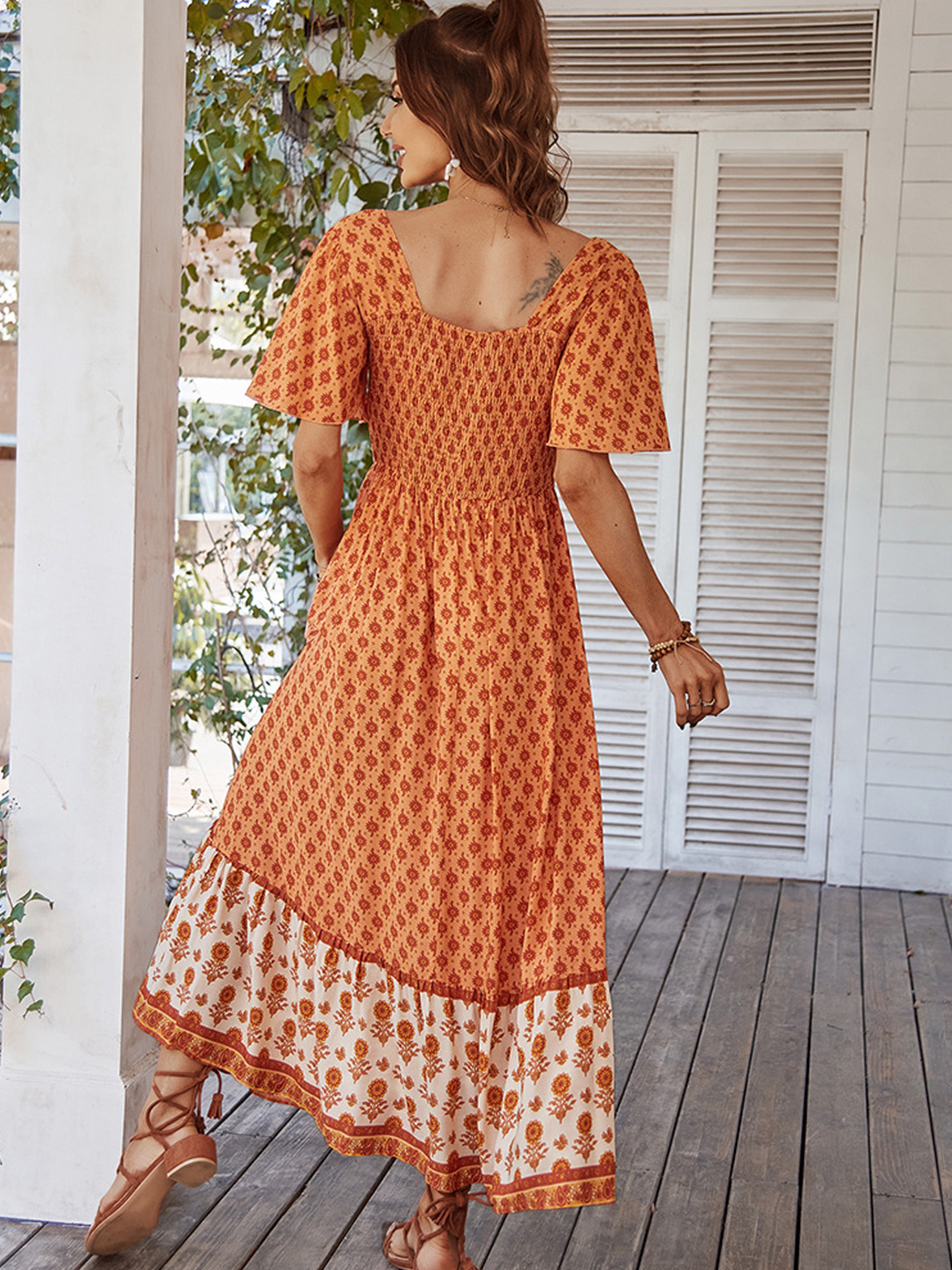 Floral Square Neckline Short Sleeves Orange Ankle Length Wedding Guest Dress