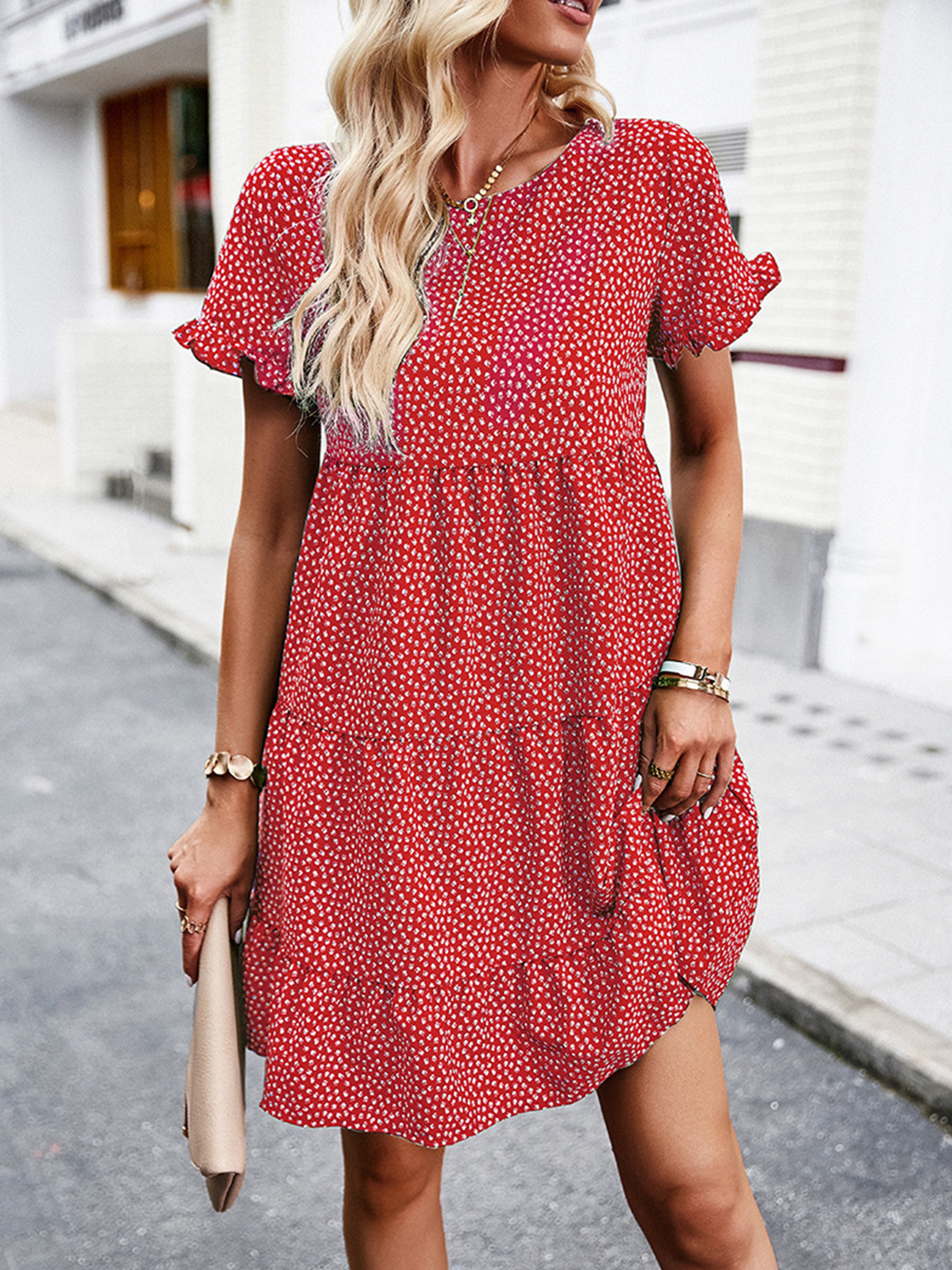 A Line Polka Dot Round Neck Red Short Sleeves Wedding Guest Dress