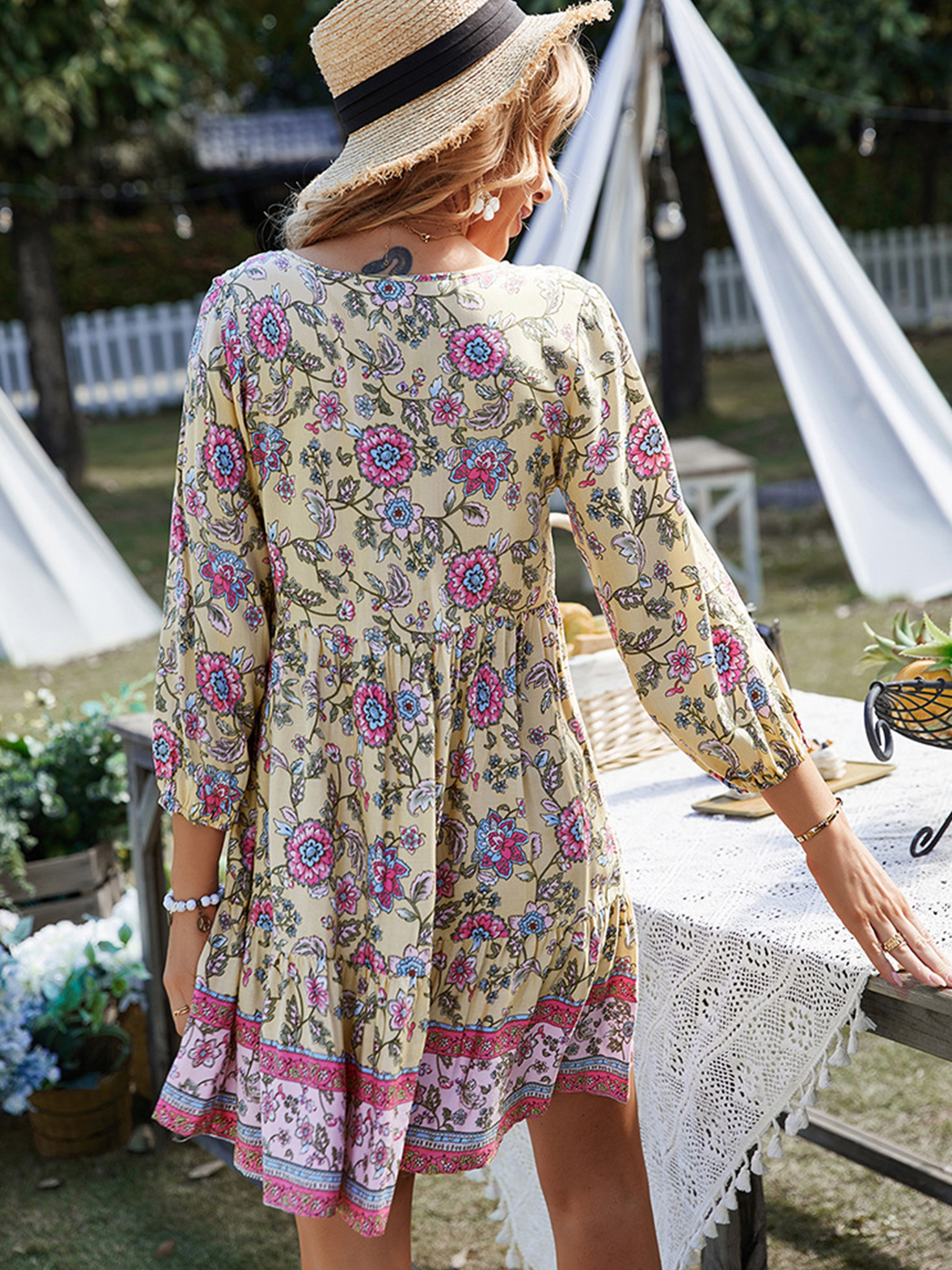 Boho Floral V Neck Long Sleeves Daffodil Short Wedding Guest Dress