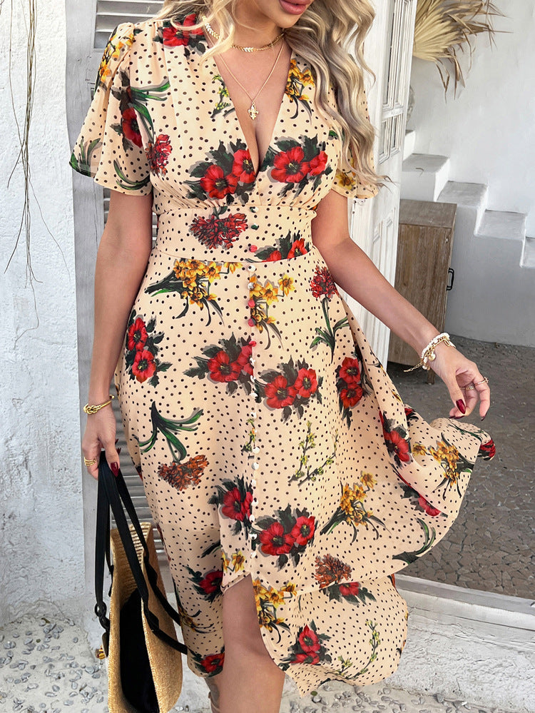 Daffodil Sexy Deep V Chiffon Printed Floral Short Sleeves Wedding Guest Dress