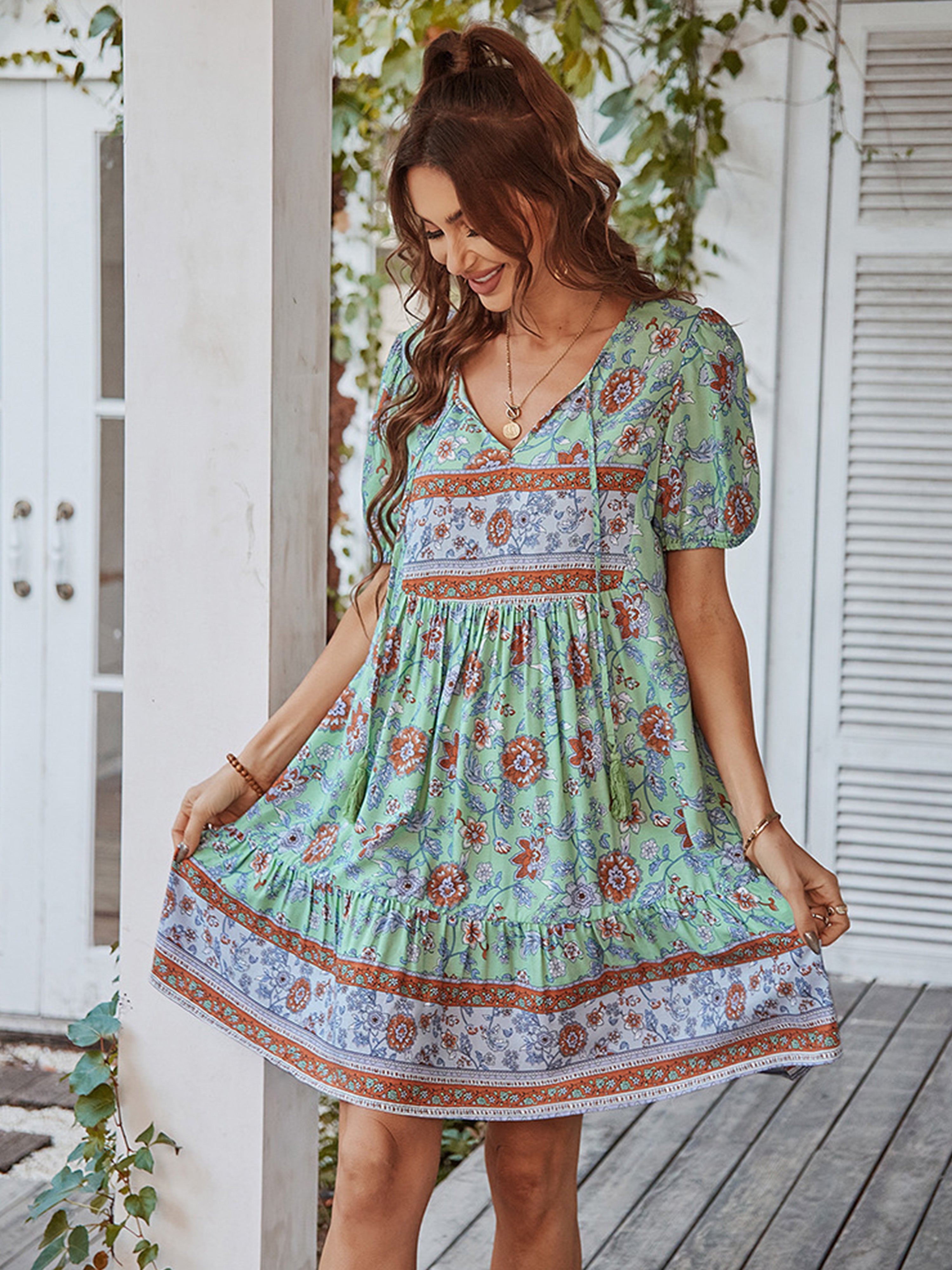 Mint Green V Neck Casual Boho Short Sleeves Wedding Guest Dress
