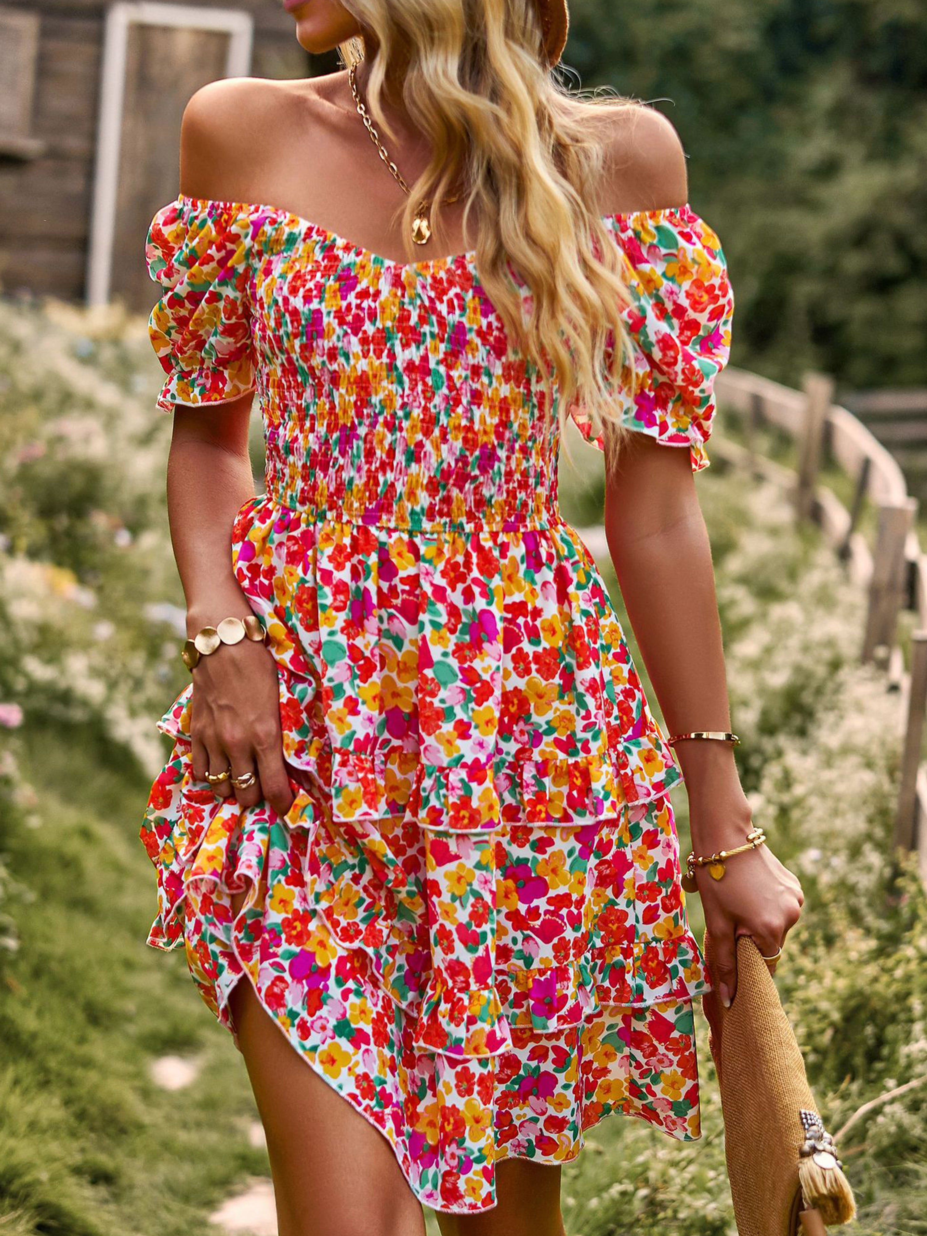 Pink Floral Off The Shoulder Short Sleeves Layers Wedding Guest Dress