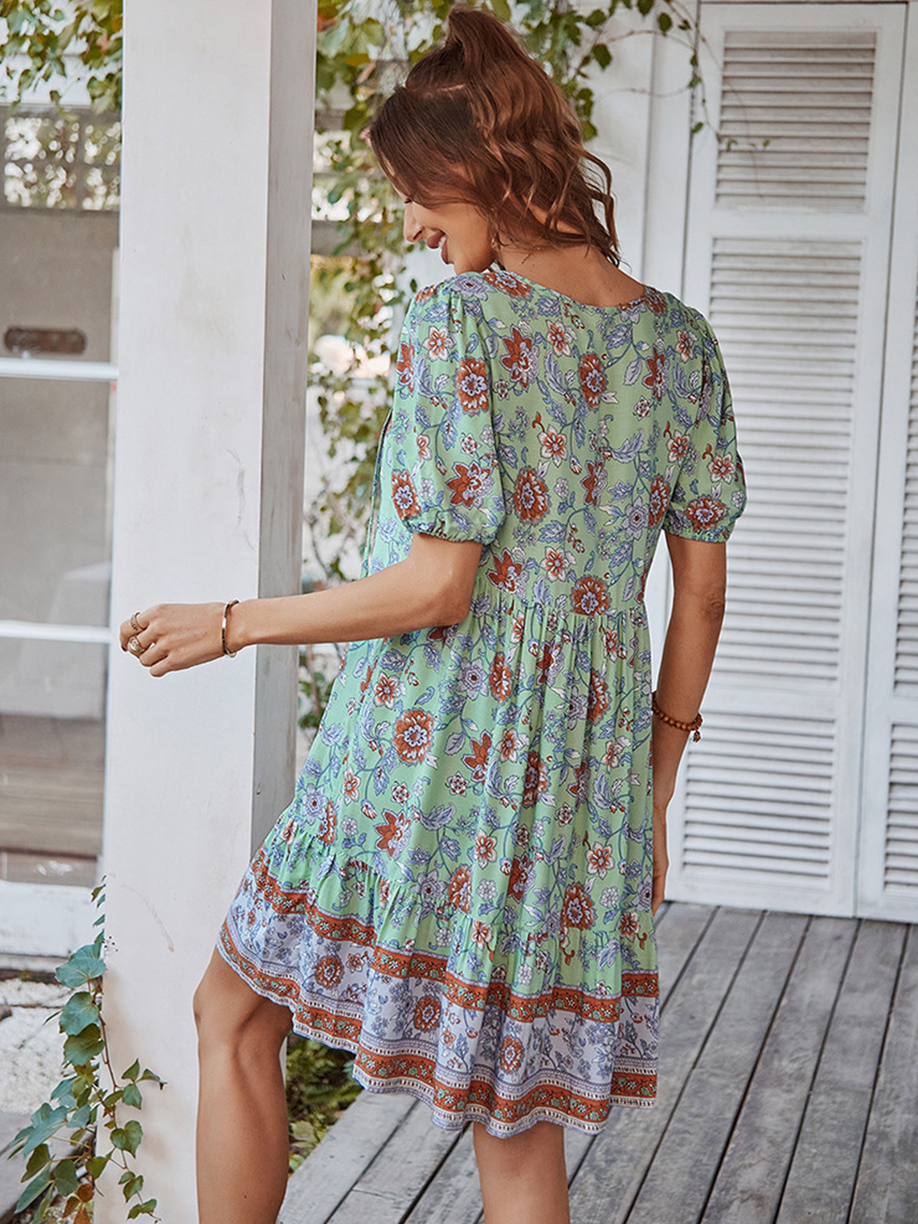Mint Green V Neck Casual Boho Short Sleeves Wedding Guest Dress