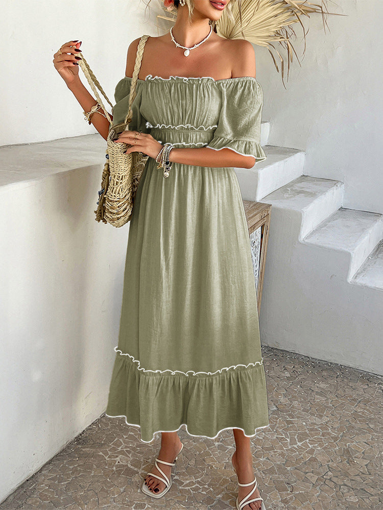 Off The Shoulder Convertible Short Sleeves Olive Green A-Line Ankle Length Wedding Guest Dress