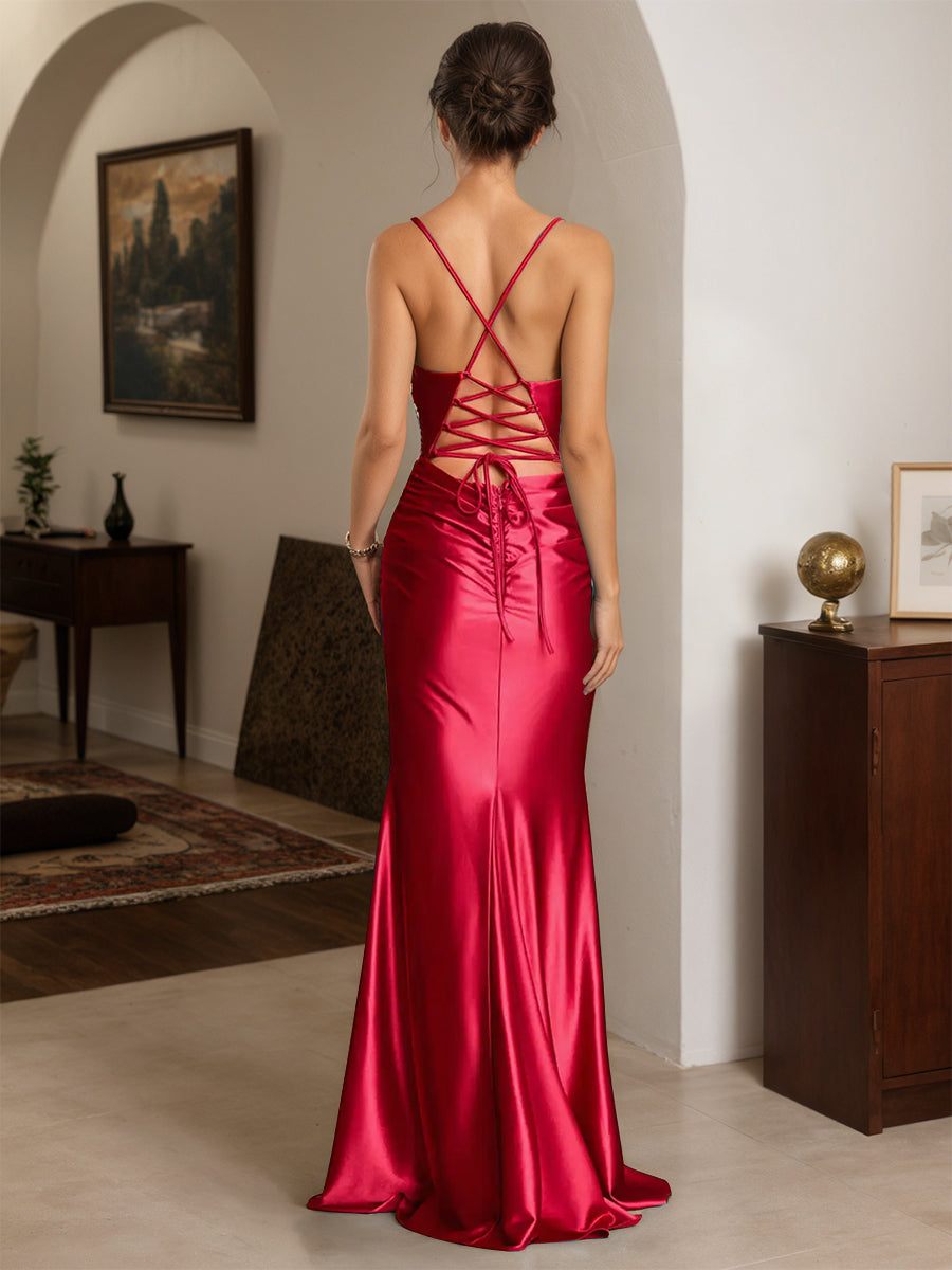 Cicinia Red Prom Dresses Stretch Satin Sheath Spaghetti Straps Chic Long Evening Gown