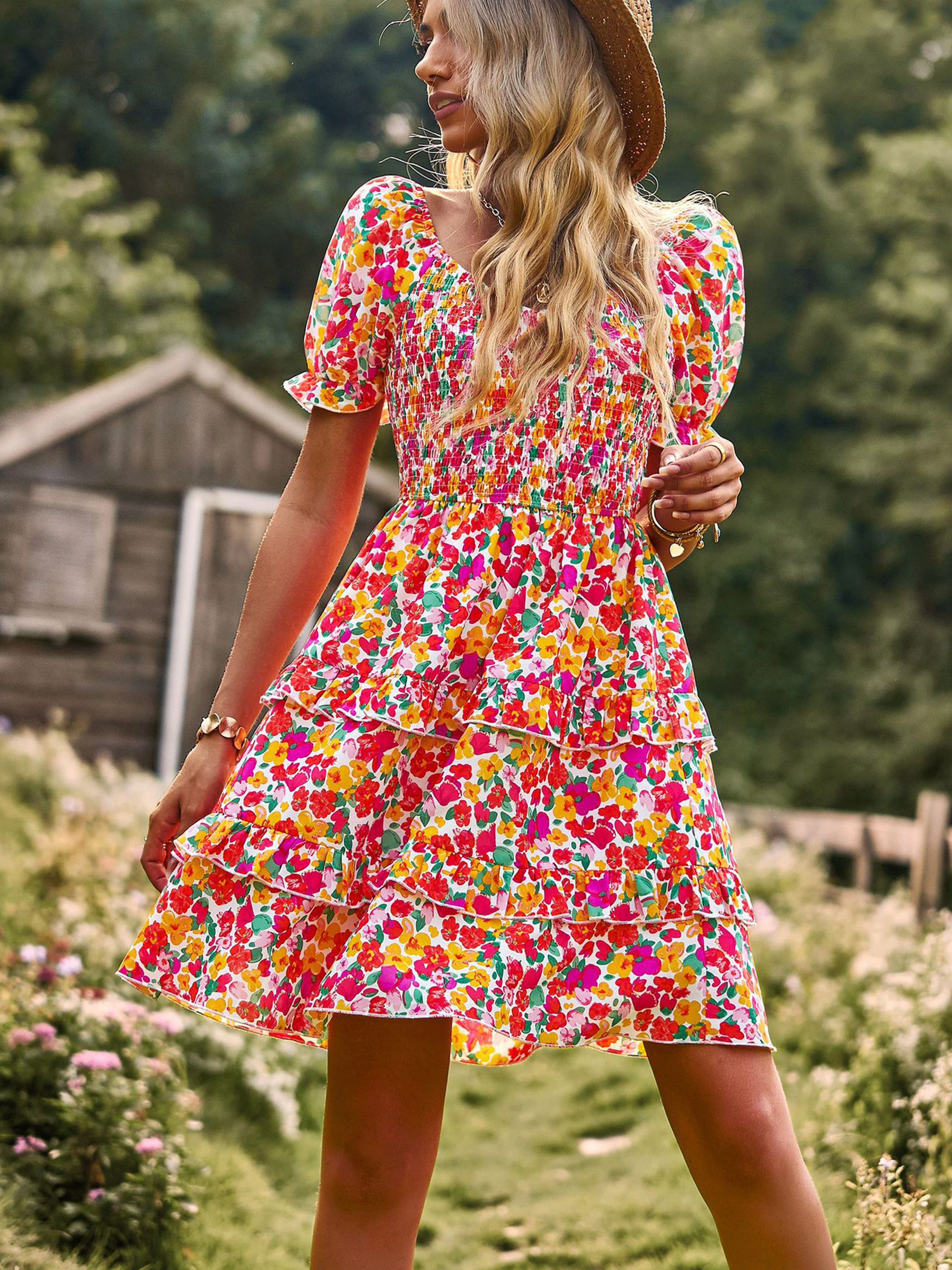 Pink Floral Off The Shoulder Short Sleeves Layers Wedding Guest Dress