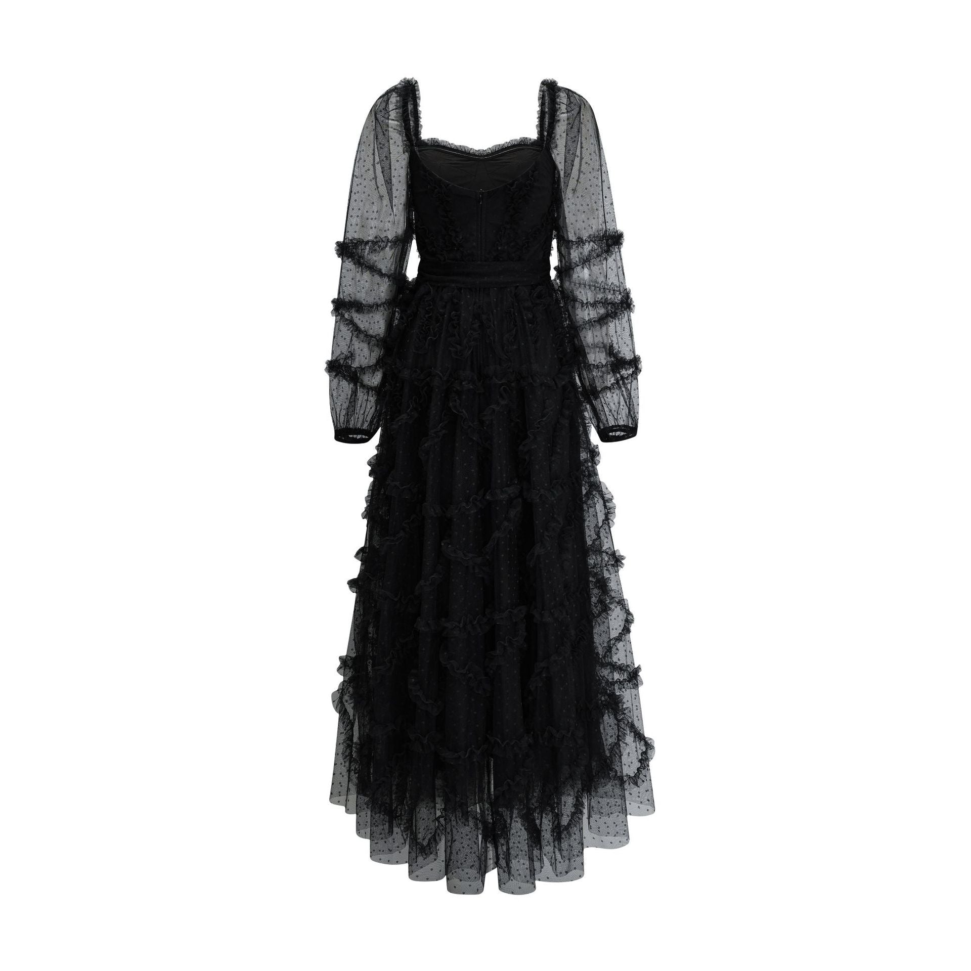 Black Sweetheart Polka Dot Tulle Long Sleeve Maxi Prom Dress with Bowknot