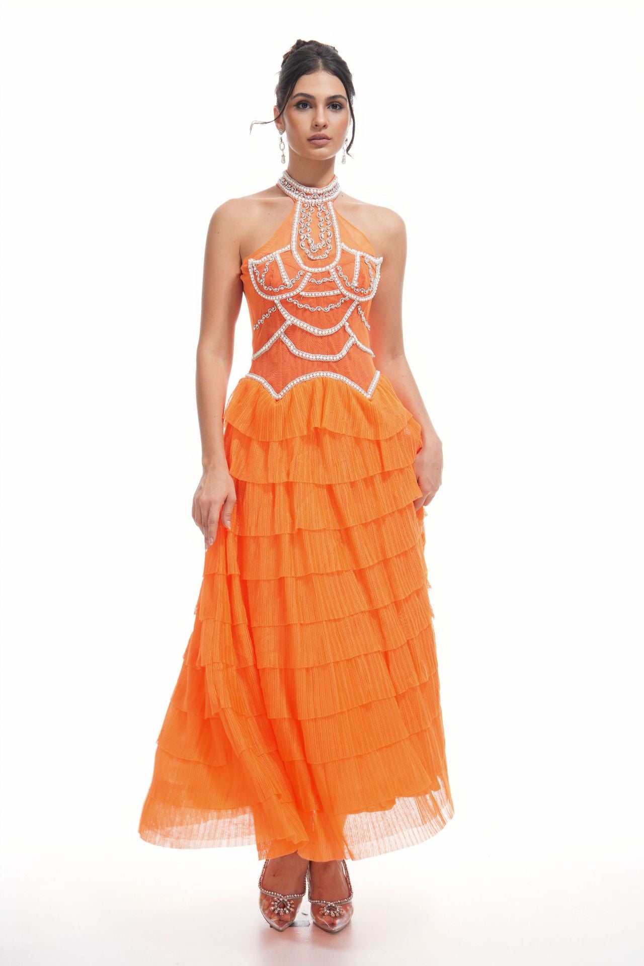 Halter Sleeveless Back Zip Orange Layers Beading Long Prom Dress