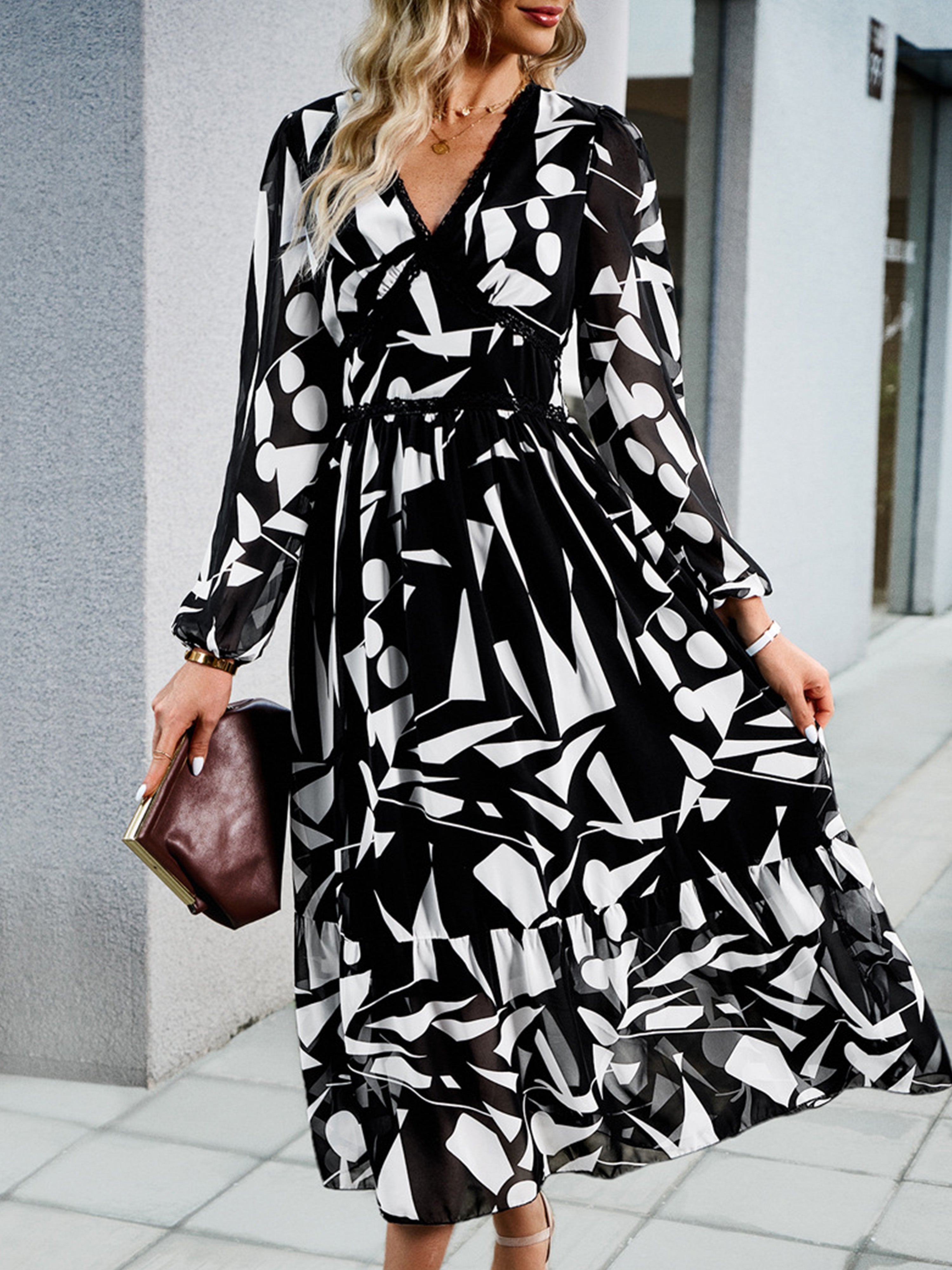 Elegant A Line V Neck Long Sleeves Floral Black Wedding Guest Dress