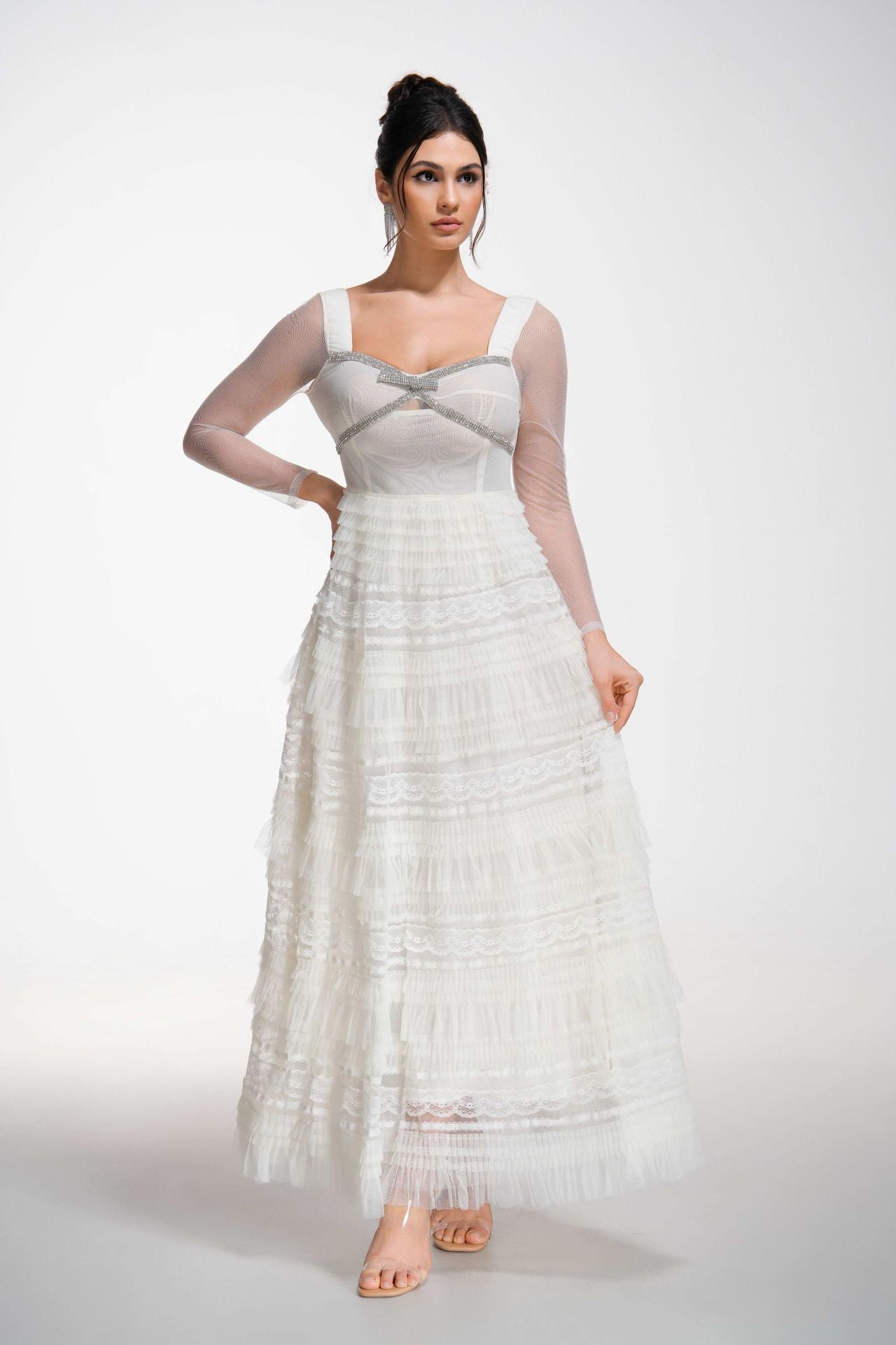 Elegant Square Neck A Line Sleeves Apricot See Through Long Prom Dress