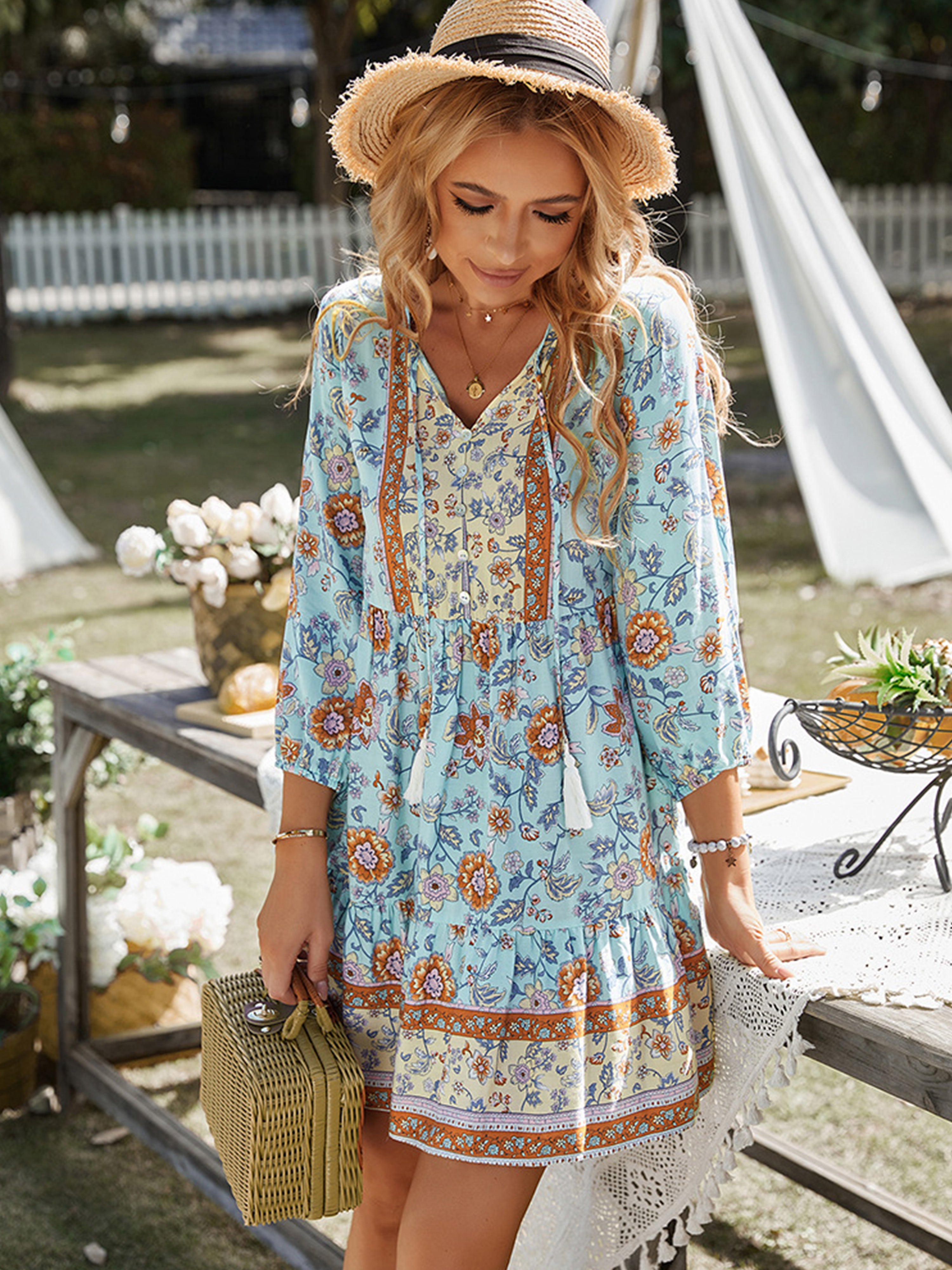 Boho Floral V Neck Long Sleeves Sky Blue Short Wedding Guest Dress
