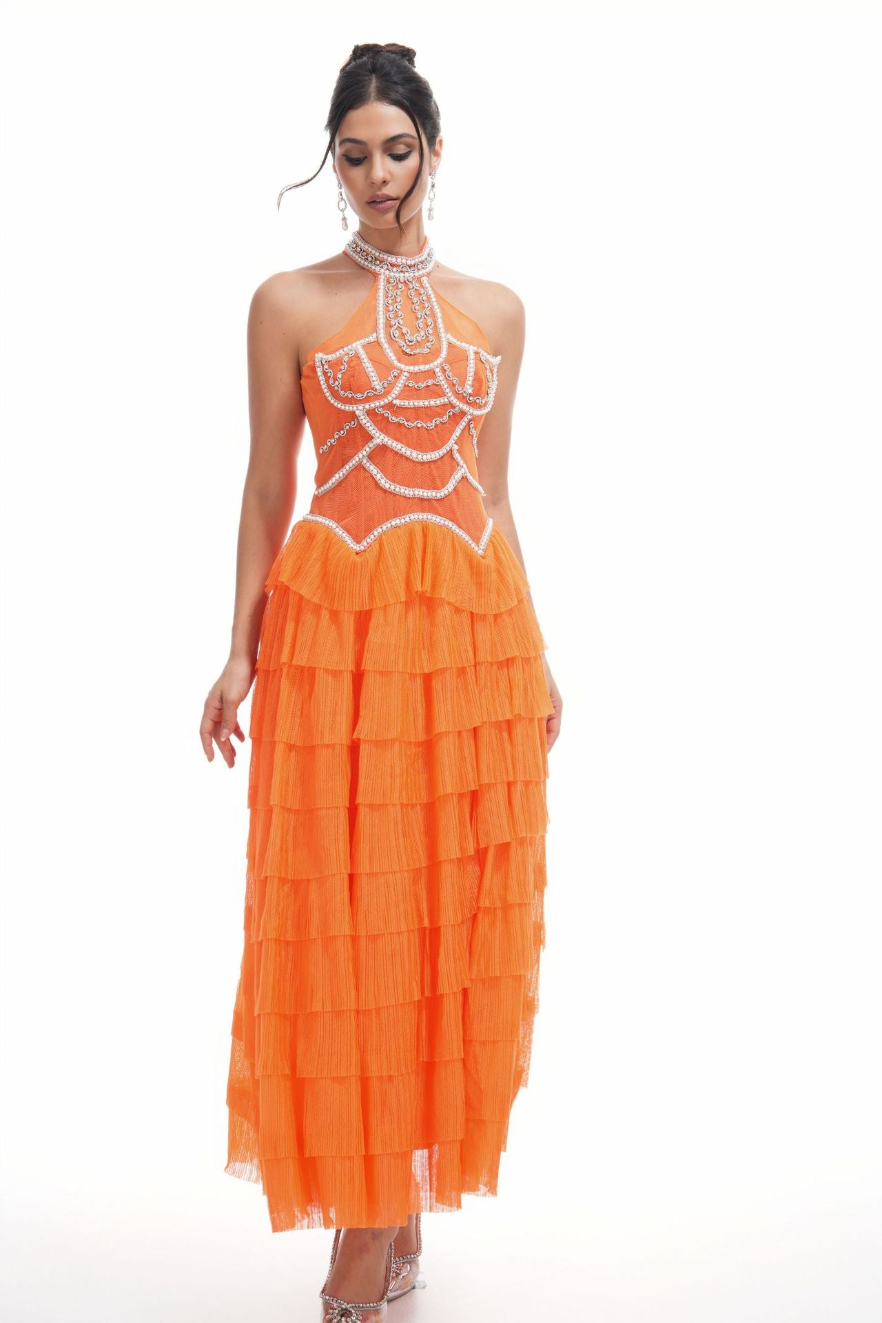 Halter Sleeveless Back Zip Orange Layers Beading Long Prom Dress