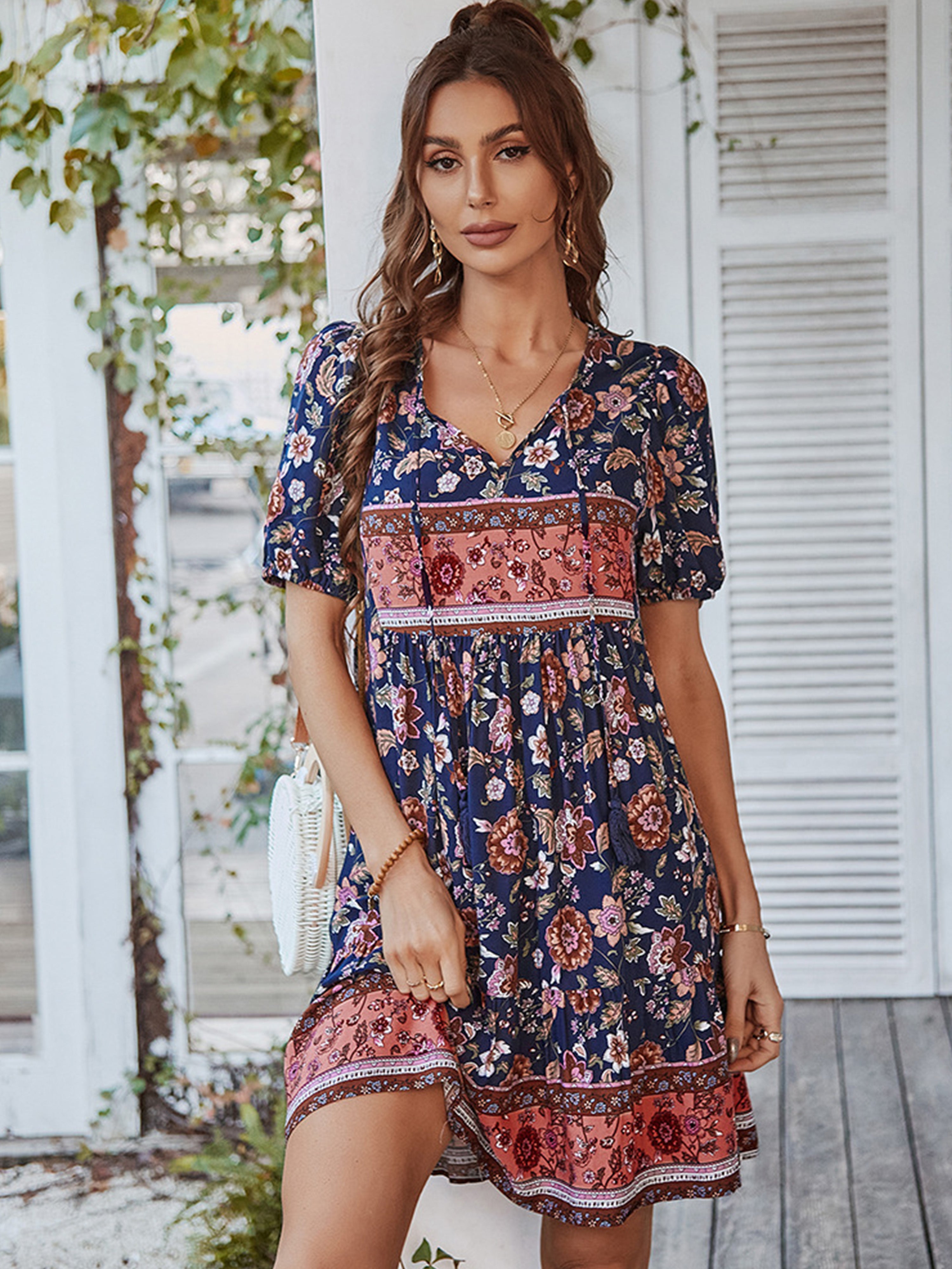Dark Navy V Neck Casual Boho Short Sleeves Wedding Guest Dress