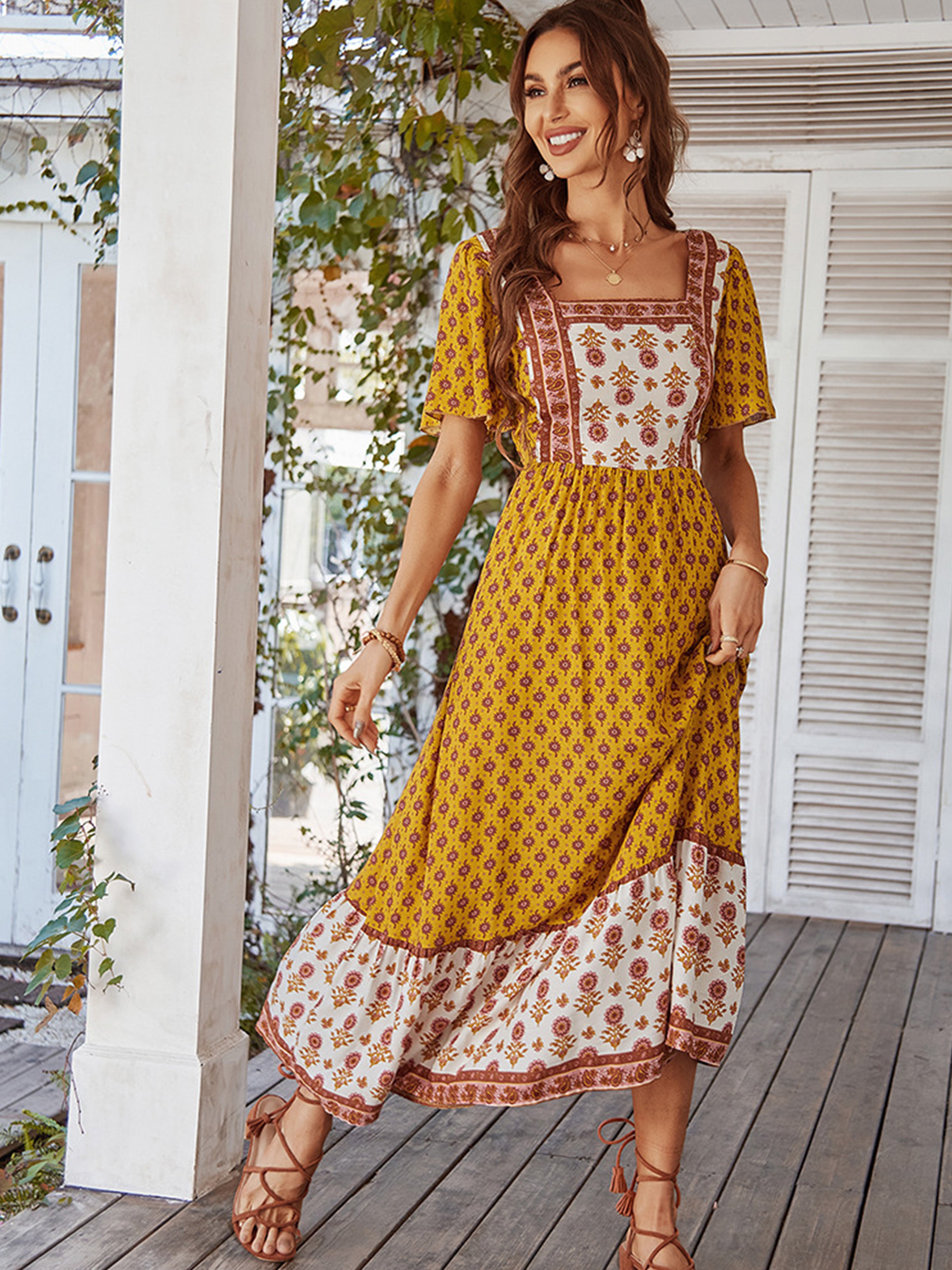 Floral Square Neckline Short Sleeves Yellow Ankle Length Wedding Guest Dress