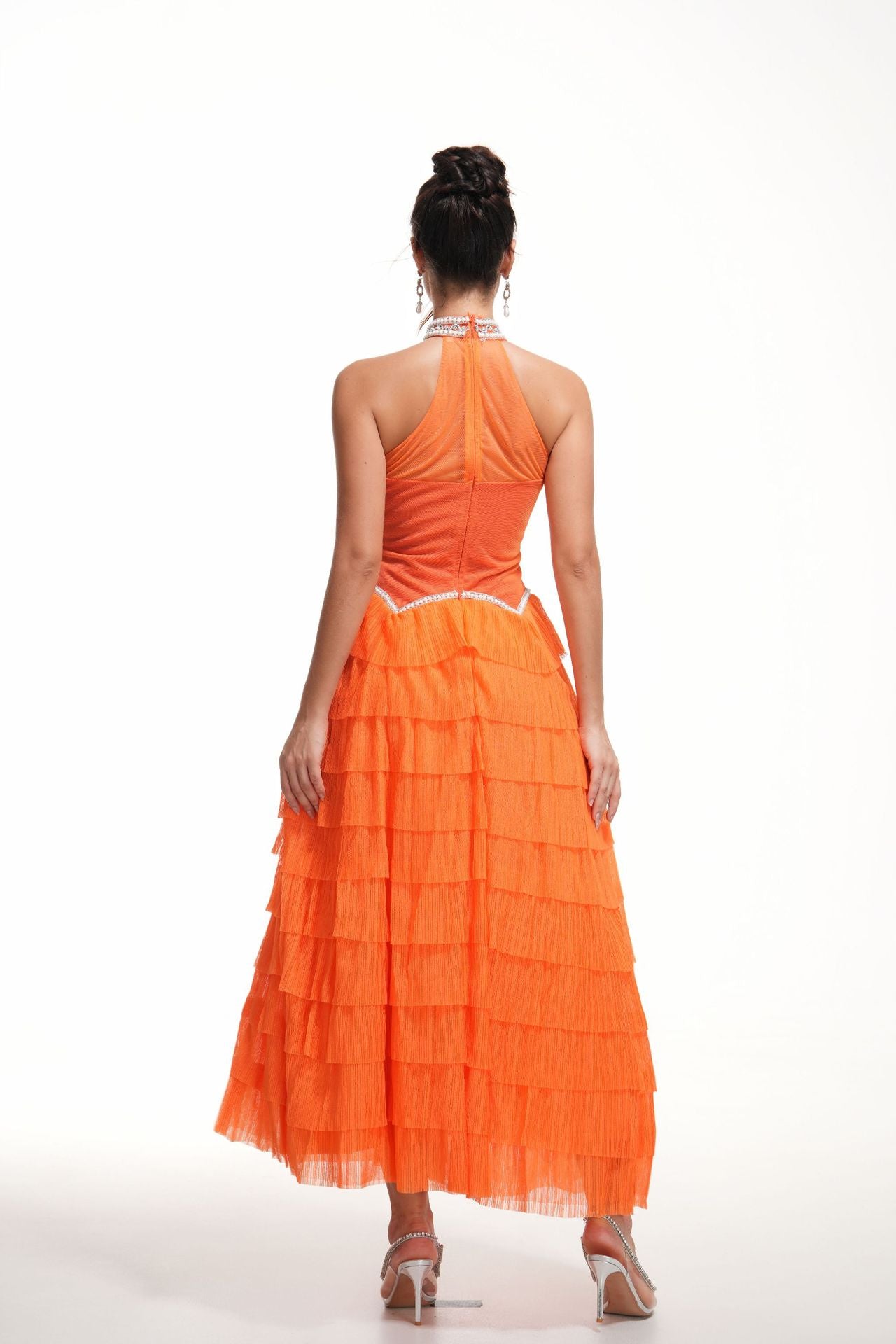 Halter Sleeveless Back Zip Orange Layers Beading Long Prom Dress