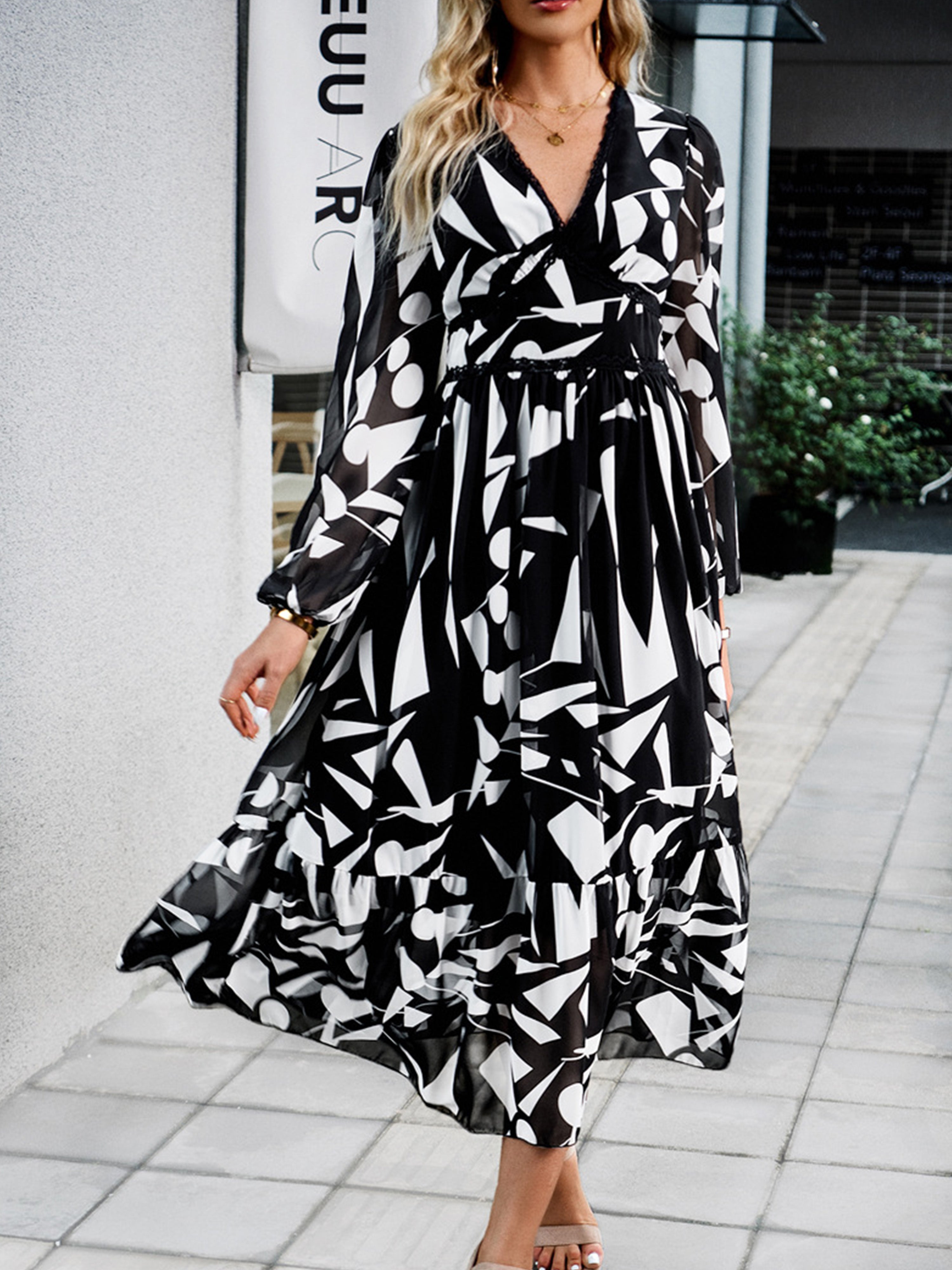 Elegant A Line V Neck Long Sleeves Floral Black Wedding Guest Dress