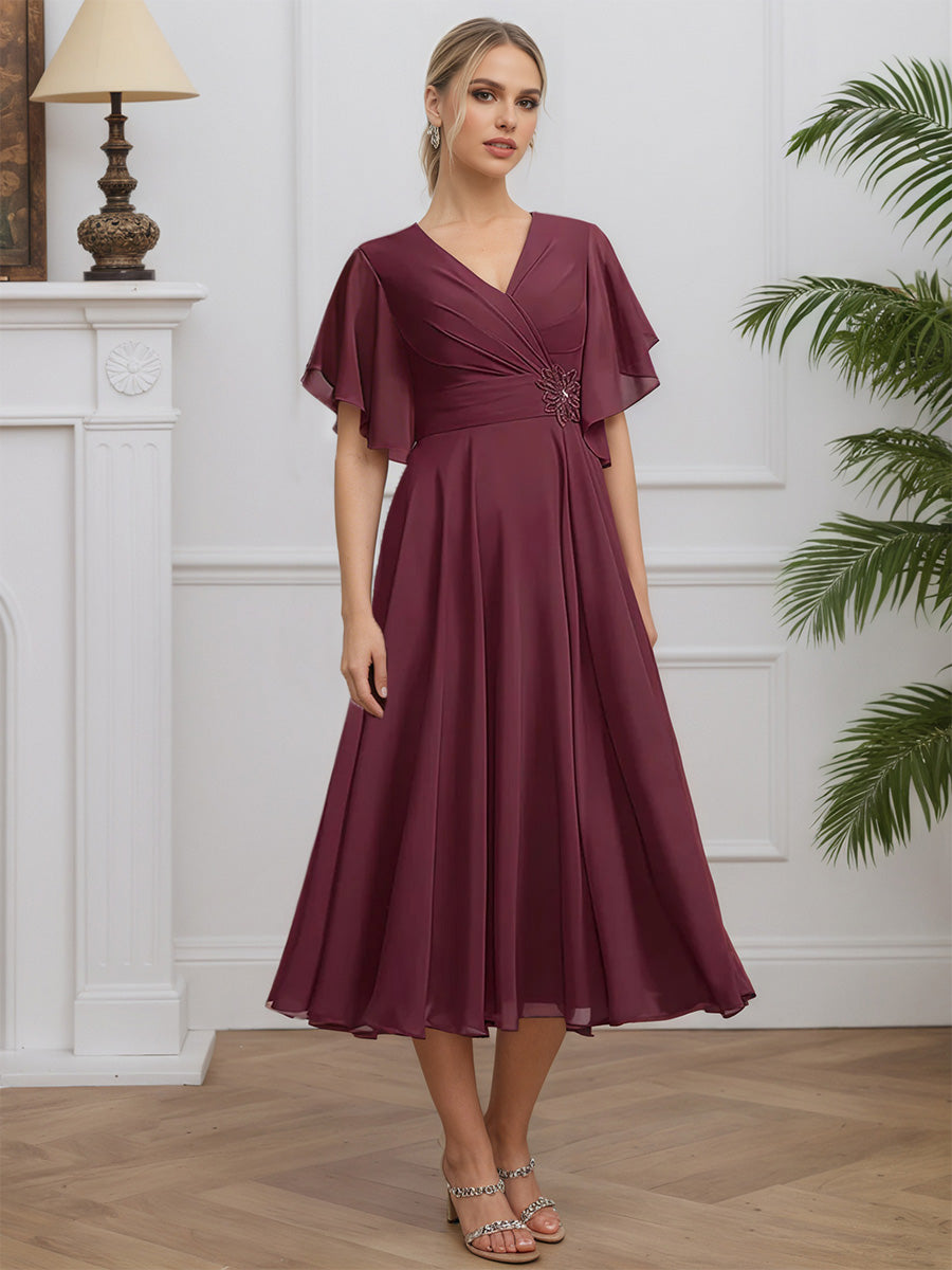 Cicinia Mulberry Mother Of The Bride Dresses Chiffon A-Line Short Sleeves Tea Length V-Neck