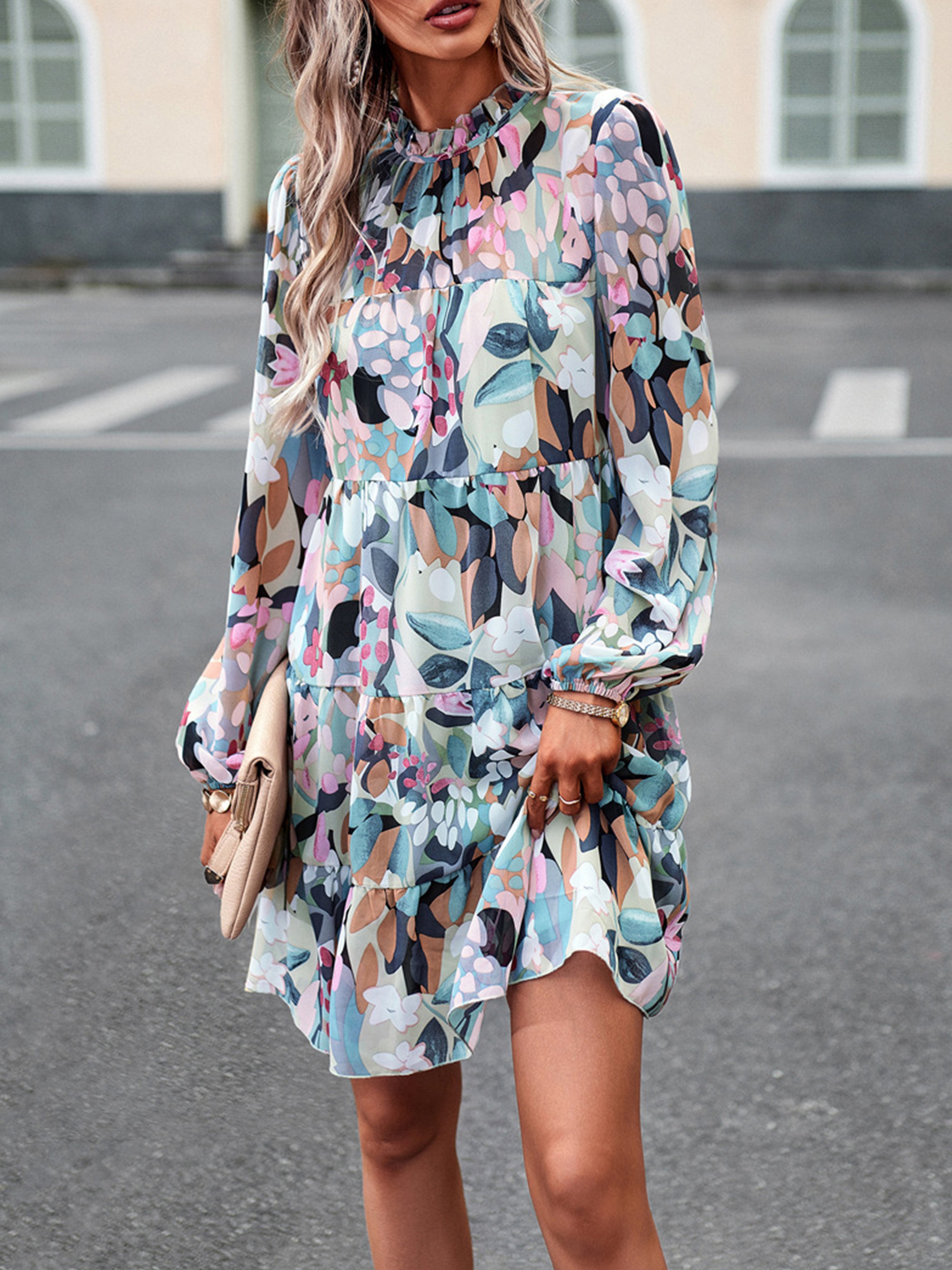 Cowl Elegant Floral Long Sleeves Mint Green Wedding Guest Dress