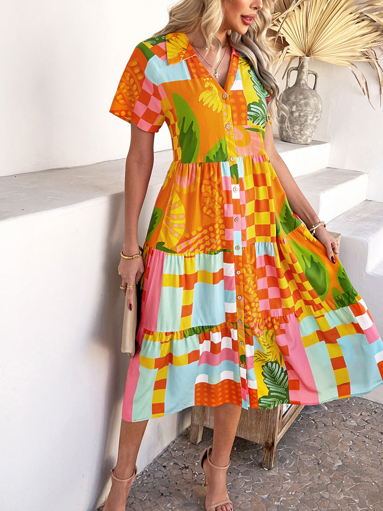 Boho Orange Ankle Length V-Neck Printed Floral Color Clashing Wedding Guest Dress