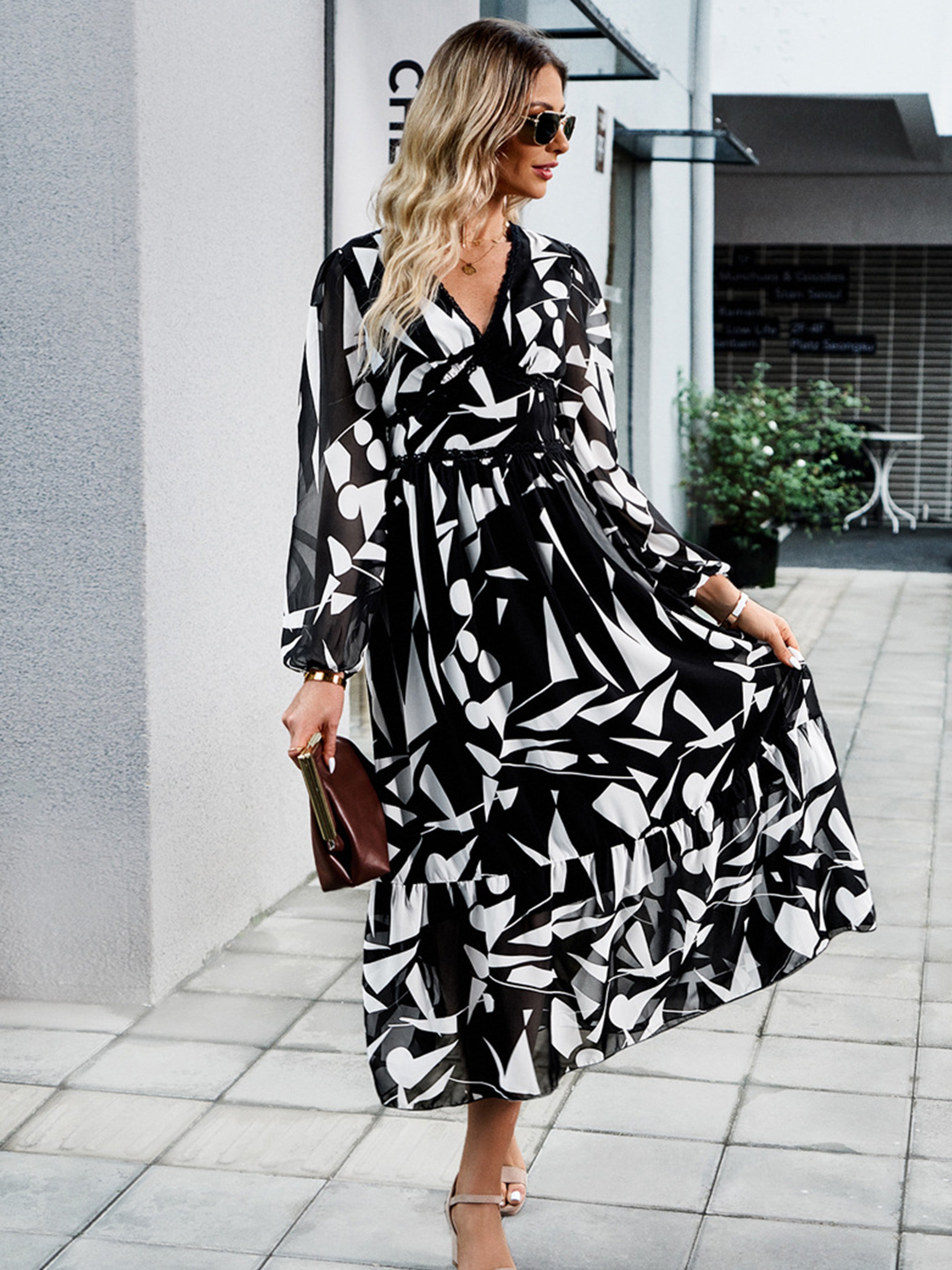 Elegant A Line V Neck Long Sleeves Floral Black Wedding Guest Dress