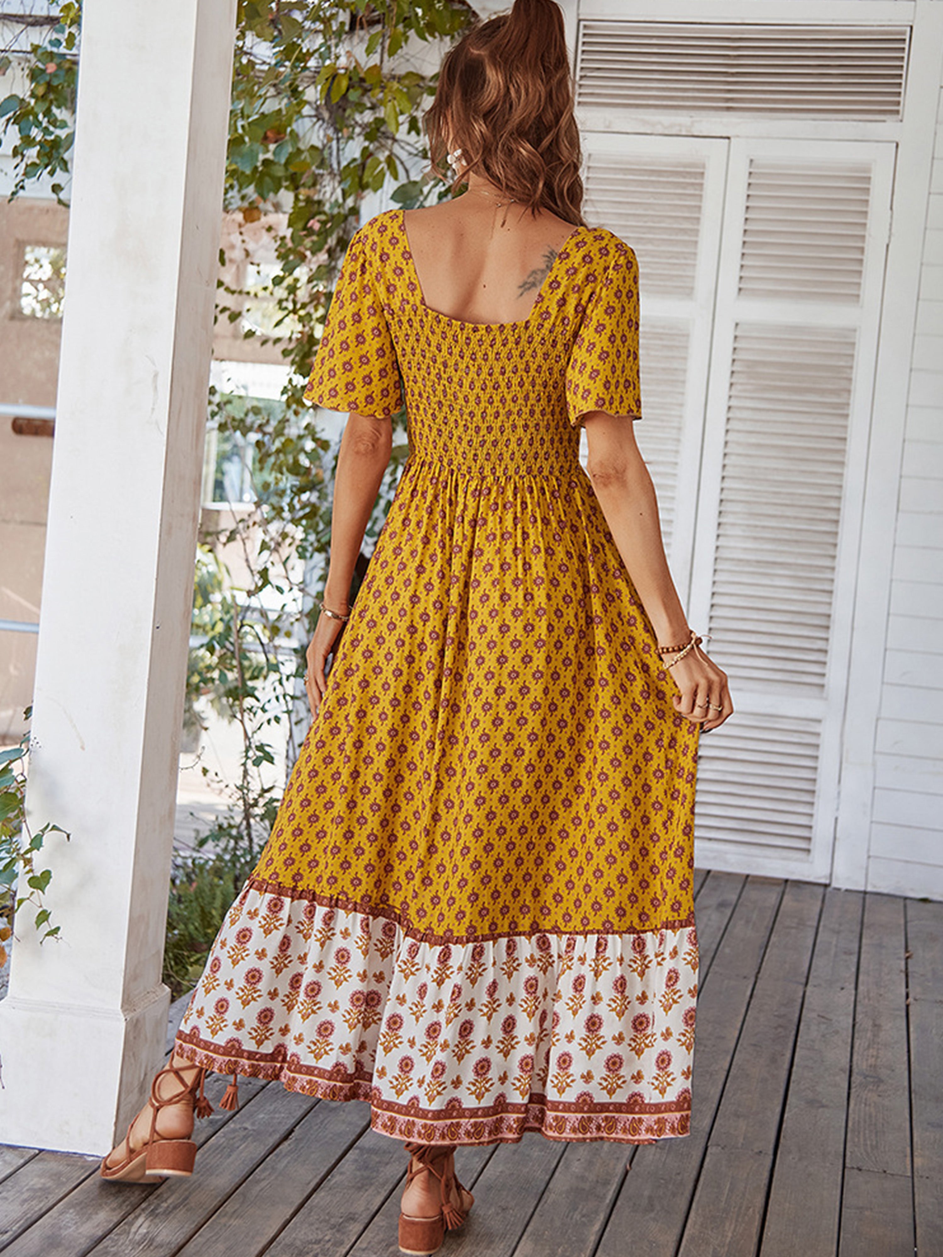 Floral Square Neckline Short Sleeves Yellow Ankle Length Wedding Guest Dress