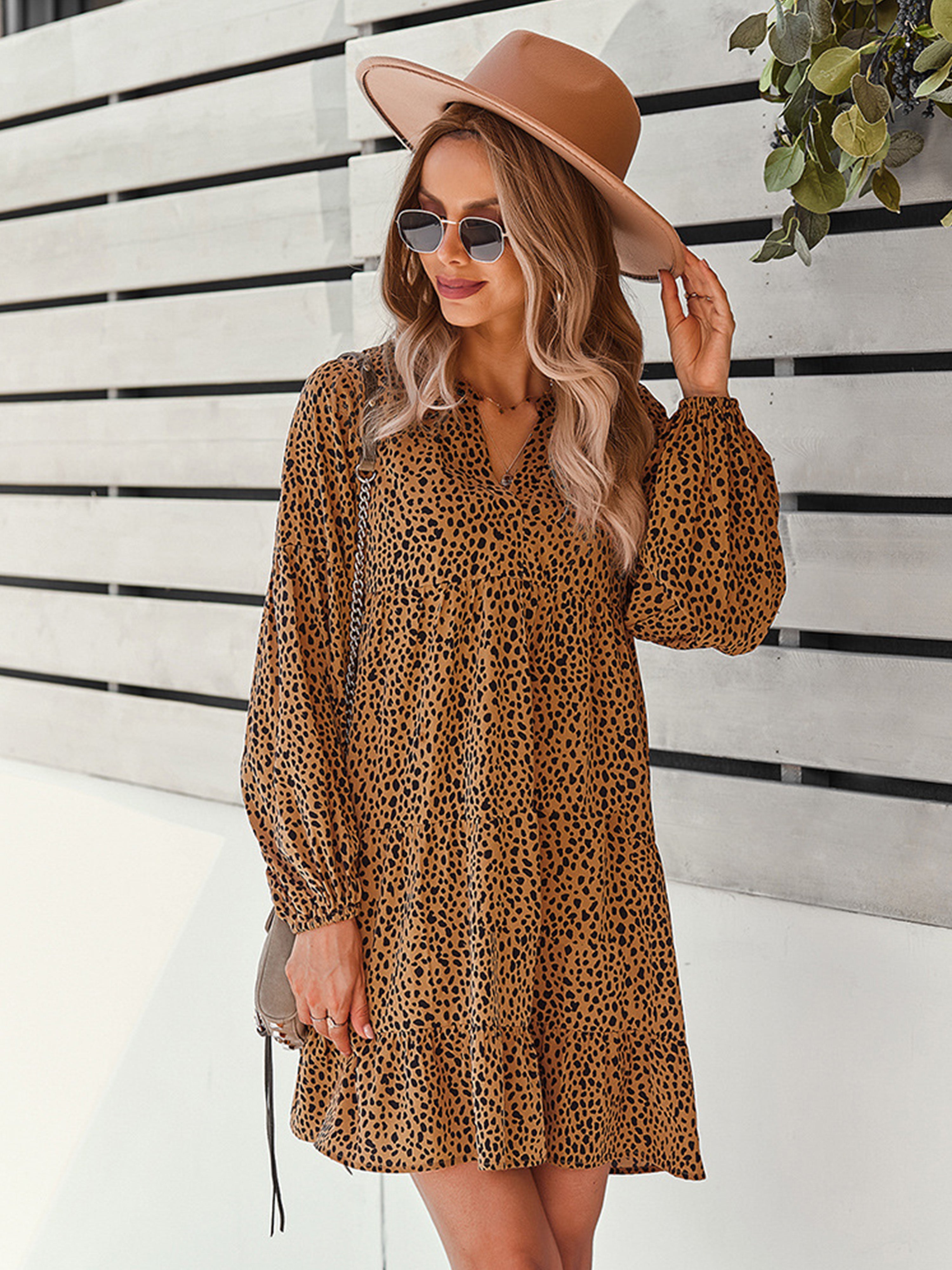 A Line Long Sleeves Brown Leopard Print Wedding Guest Dress