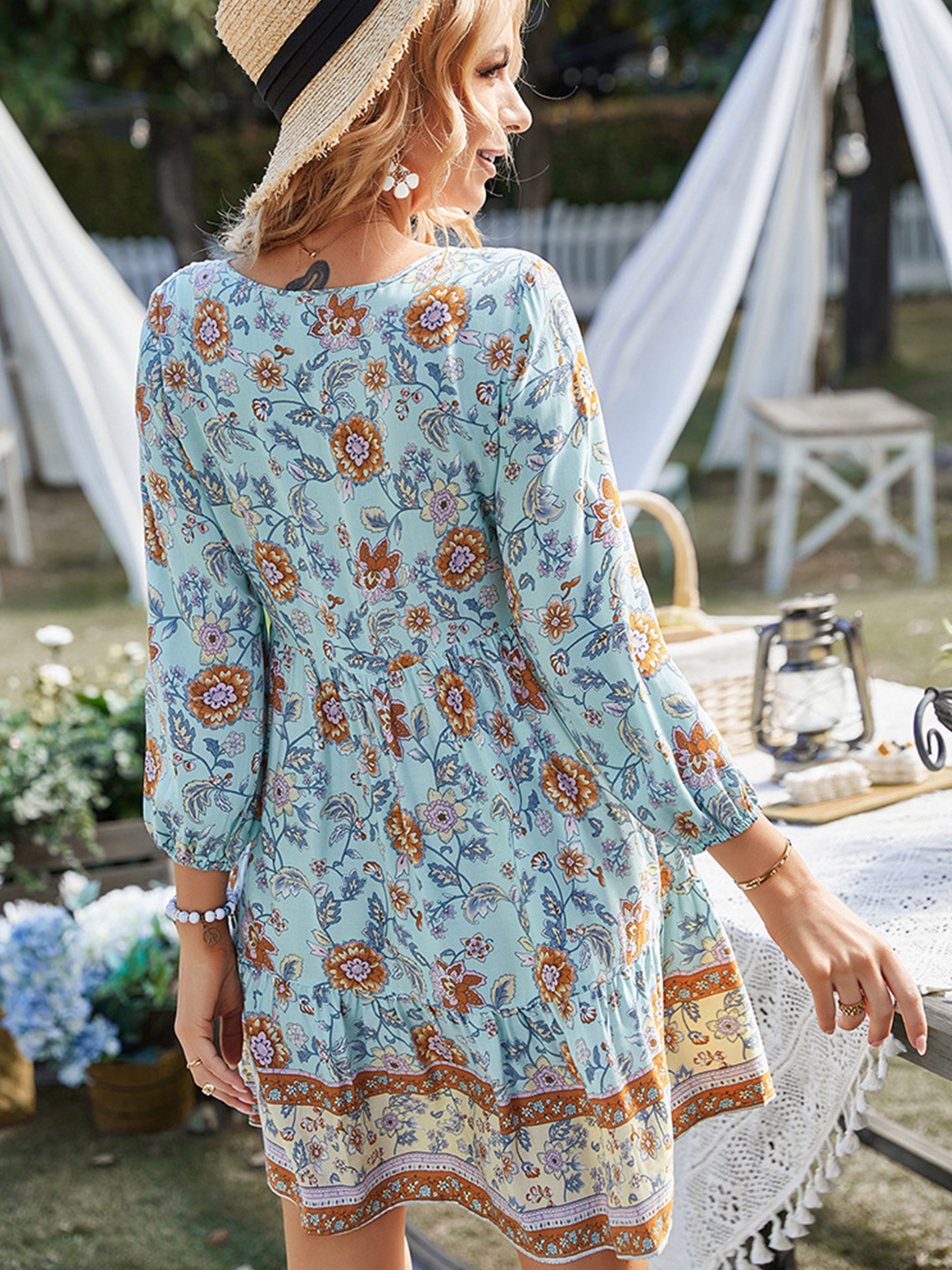 Boho Floral V Neck Long Sleeves Sky Blue Short Wedding Guest Dress