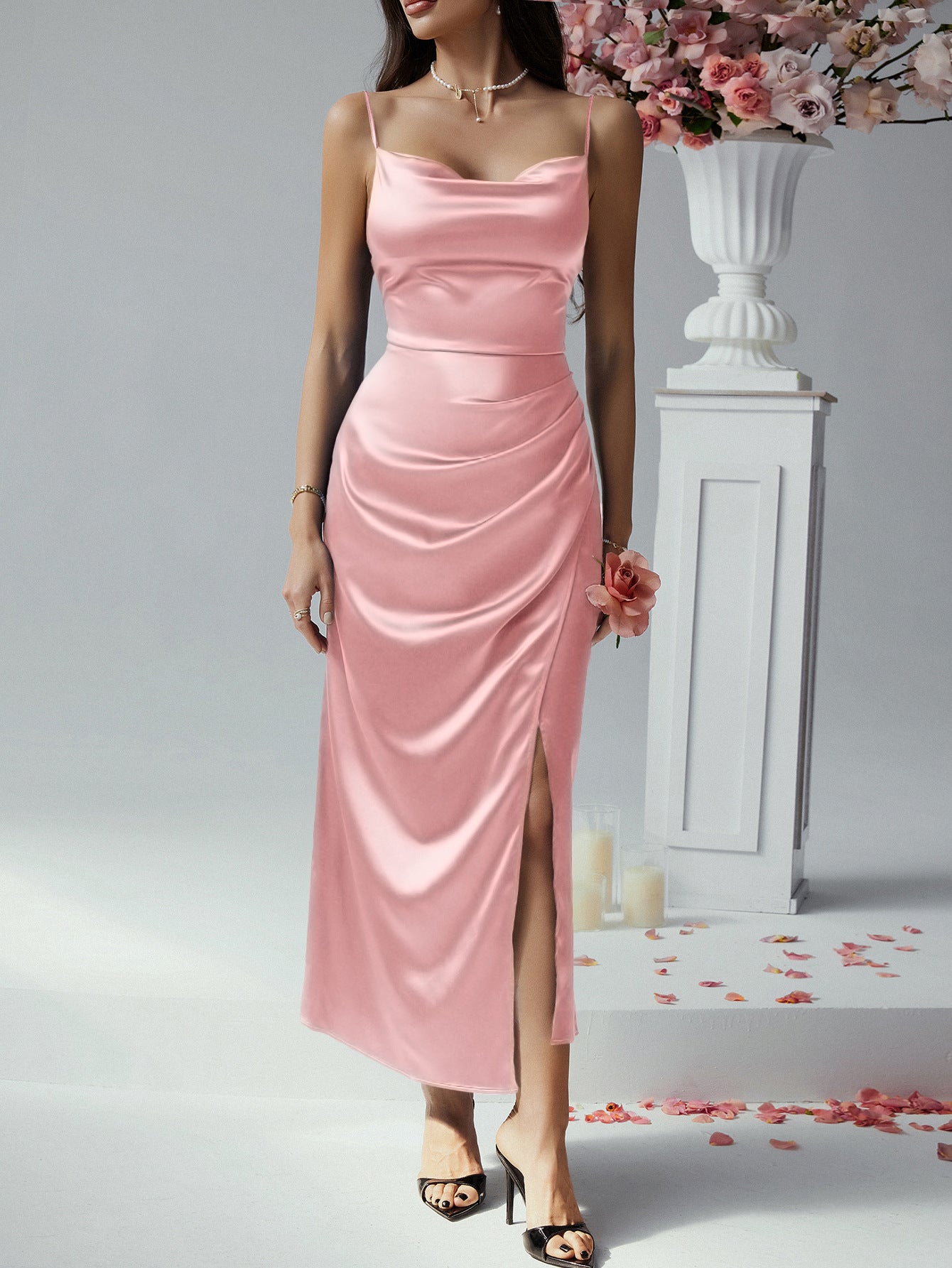 Spaghetti Straps Cowl Sleeveless Sheath Blush Wedding Guest Dress