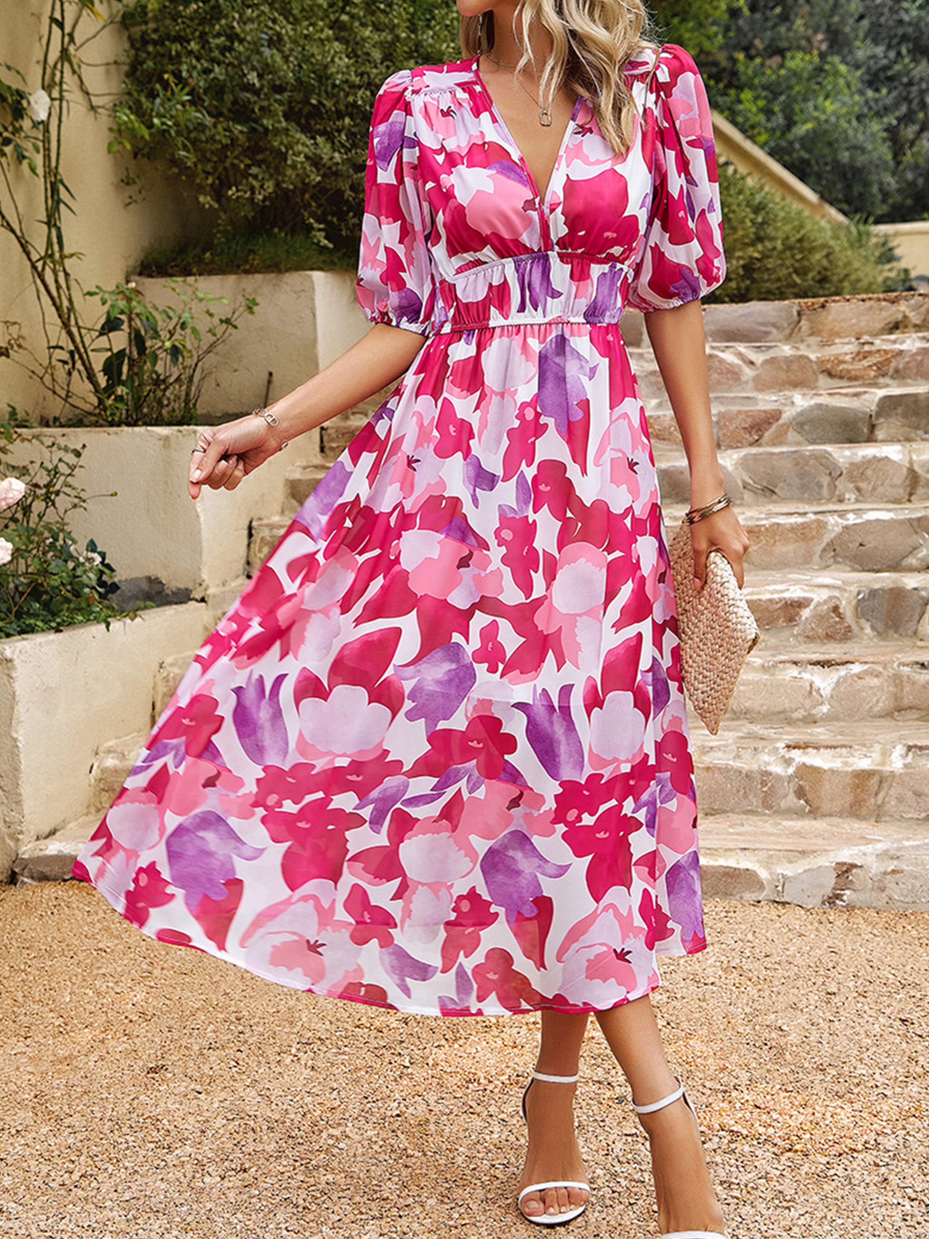 V Neck Ankle Length Short Sleeves Fuchsia Wedding Guest Dress