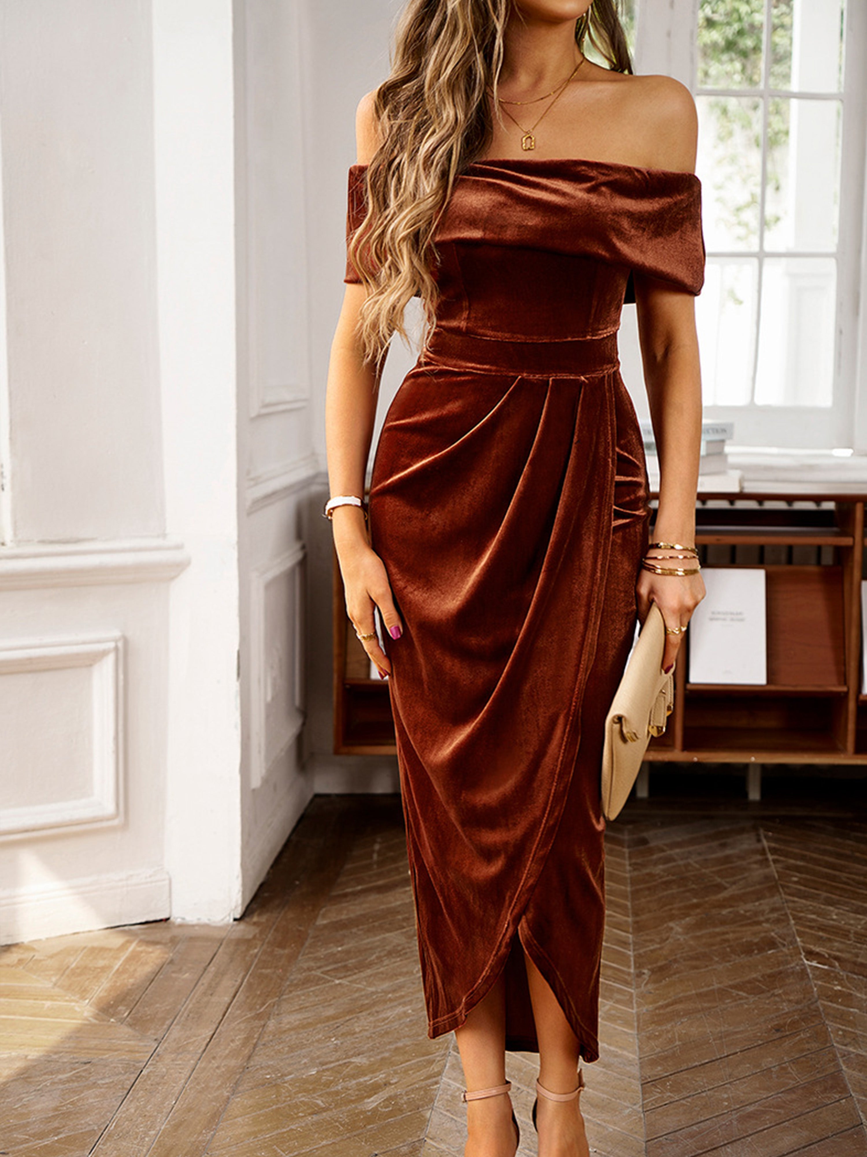 Off The Shoulder Strapless Velvet Long Brown Wedding Guest Dress