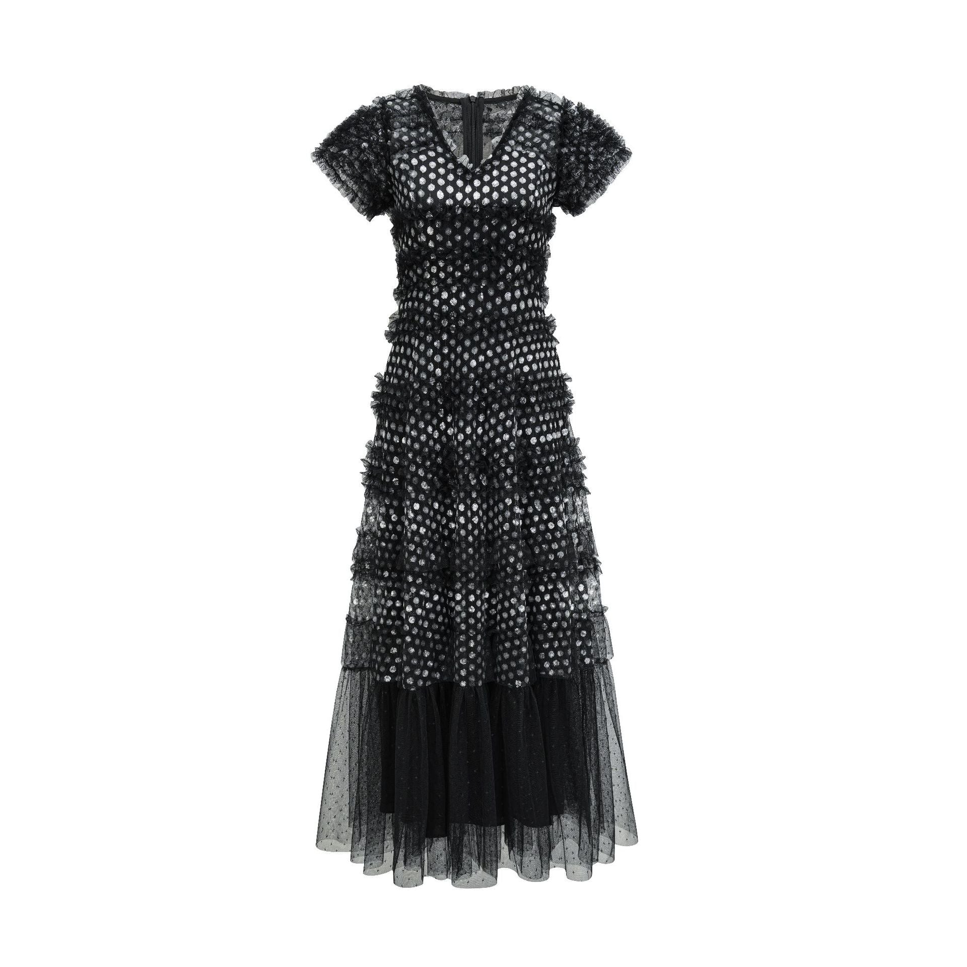Black Sparkly V-neck Short Sleeves Sequins Long Prom Dress