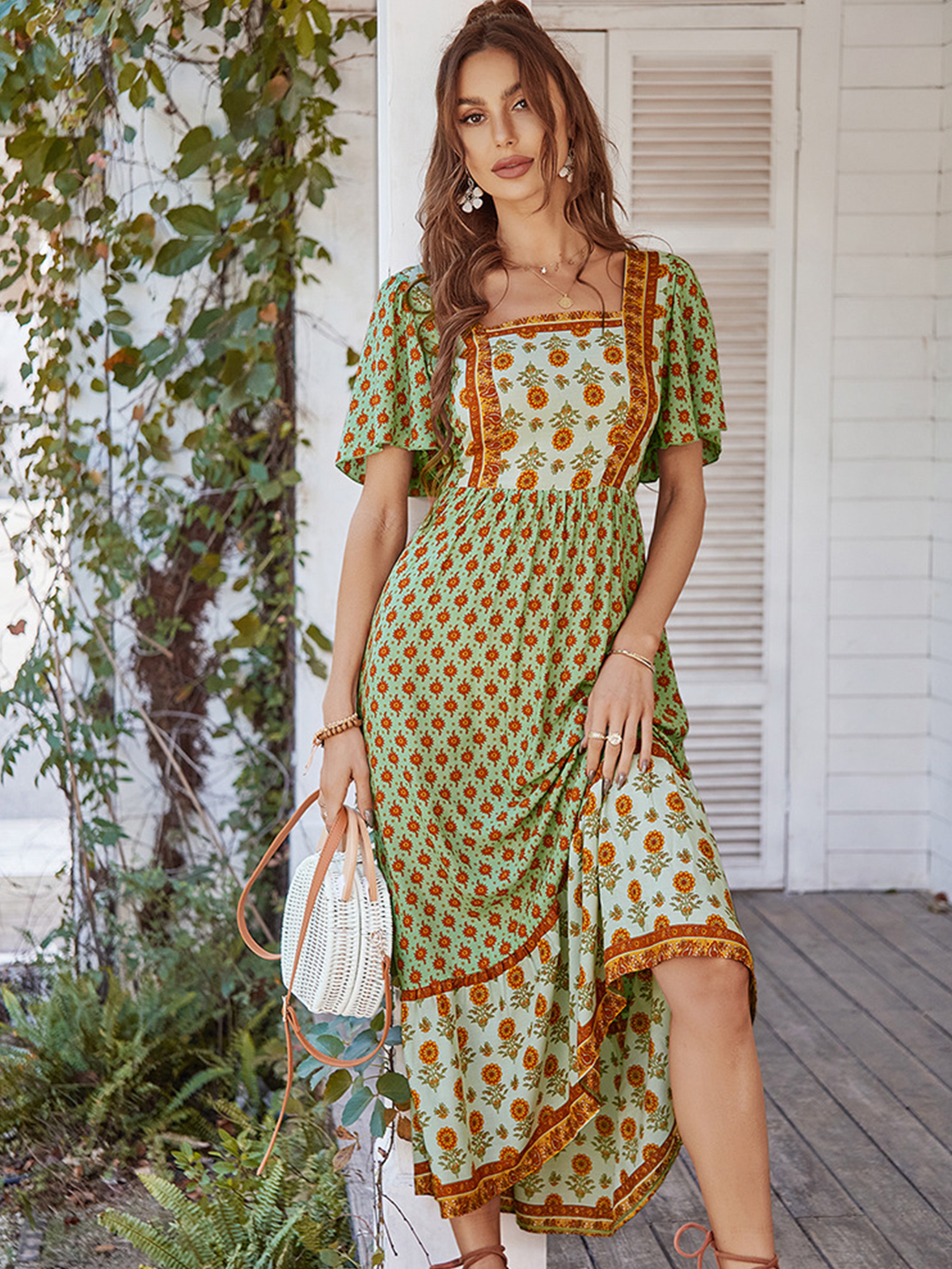 Floral Square Neckline Short Sleeves Green Ankle Length Wedding Guest Dress
