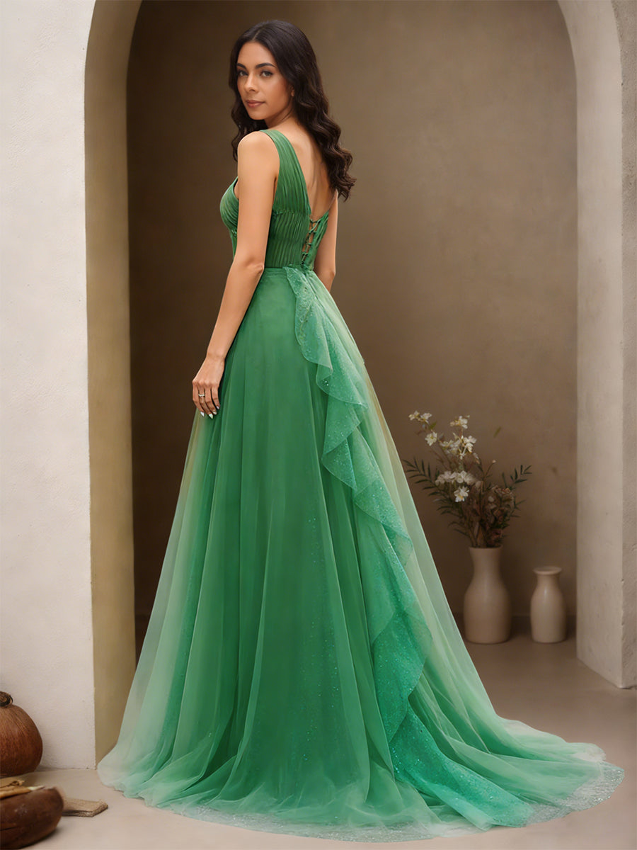 Cicinia Green Prom Dresses Tulle A-Line One Shoulder Ruffle Side Sweep Split Train Evening Gowns