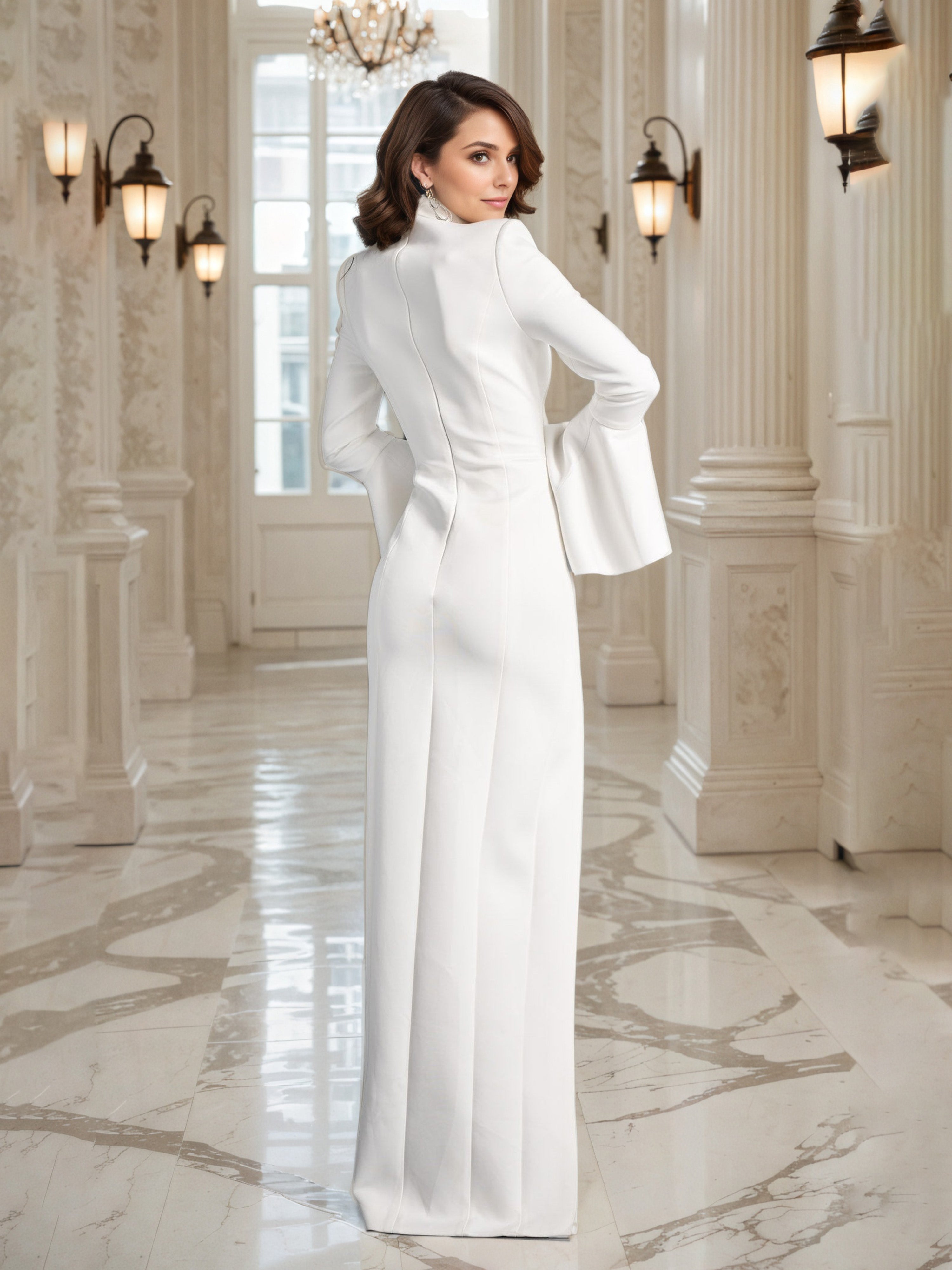 Prom Dress Long White Stand Collar Prom Dress with Illusion Trumpet Sleeve