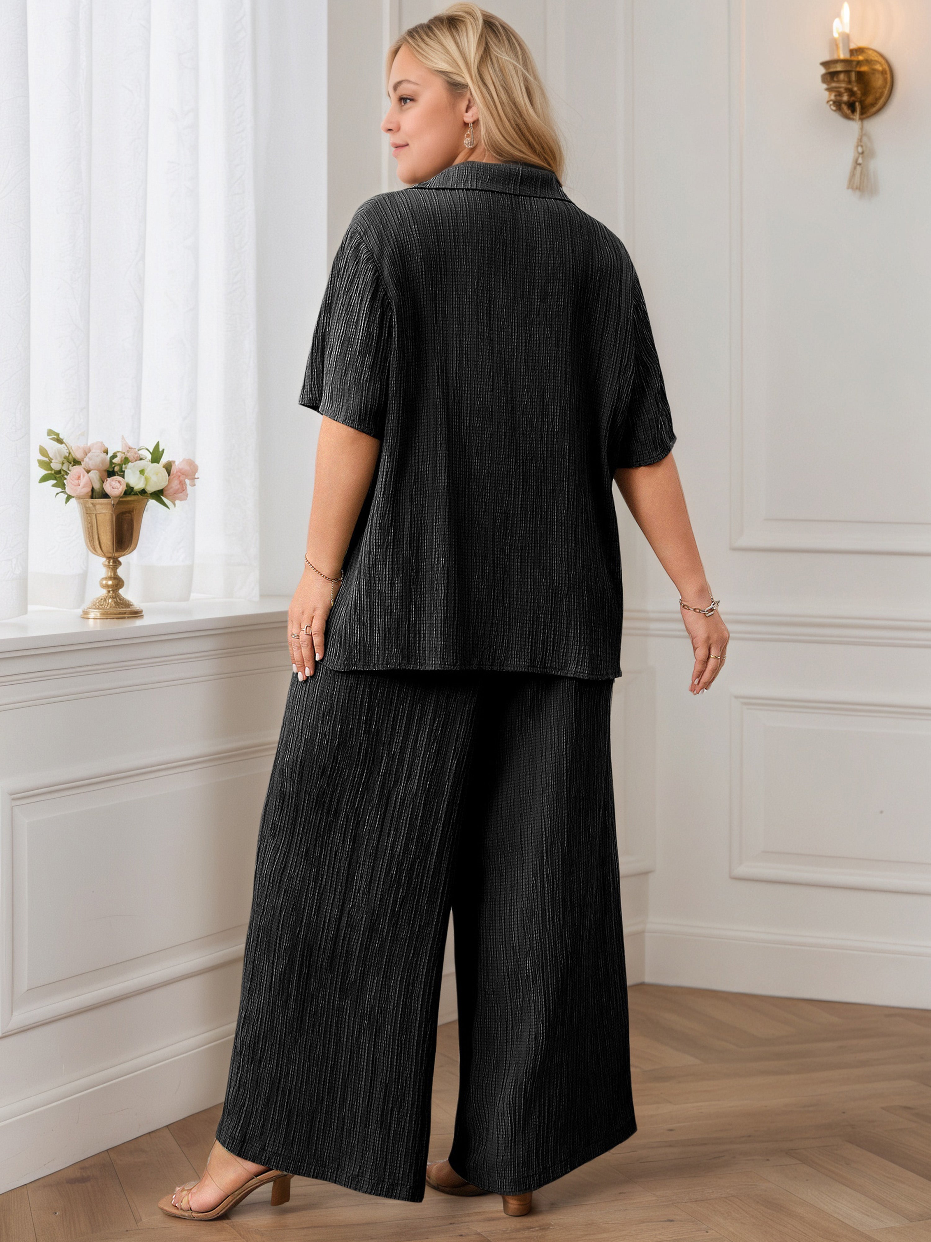 Black Beige Tie Front Half Sleeves Loose Plus Size Suits