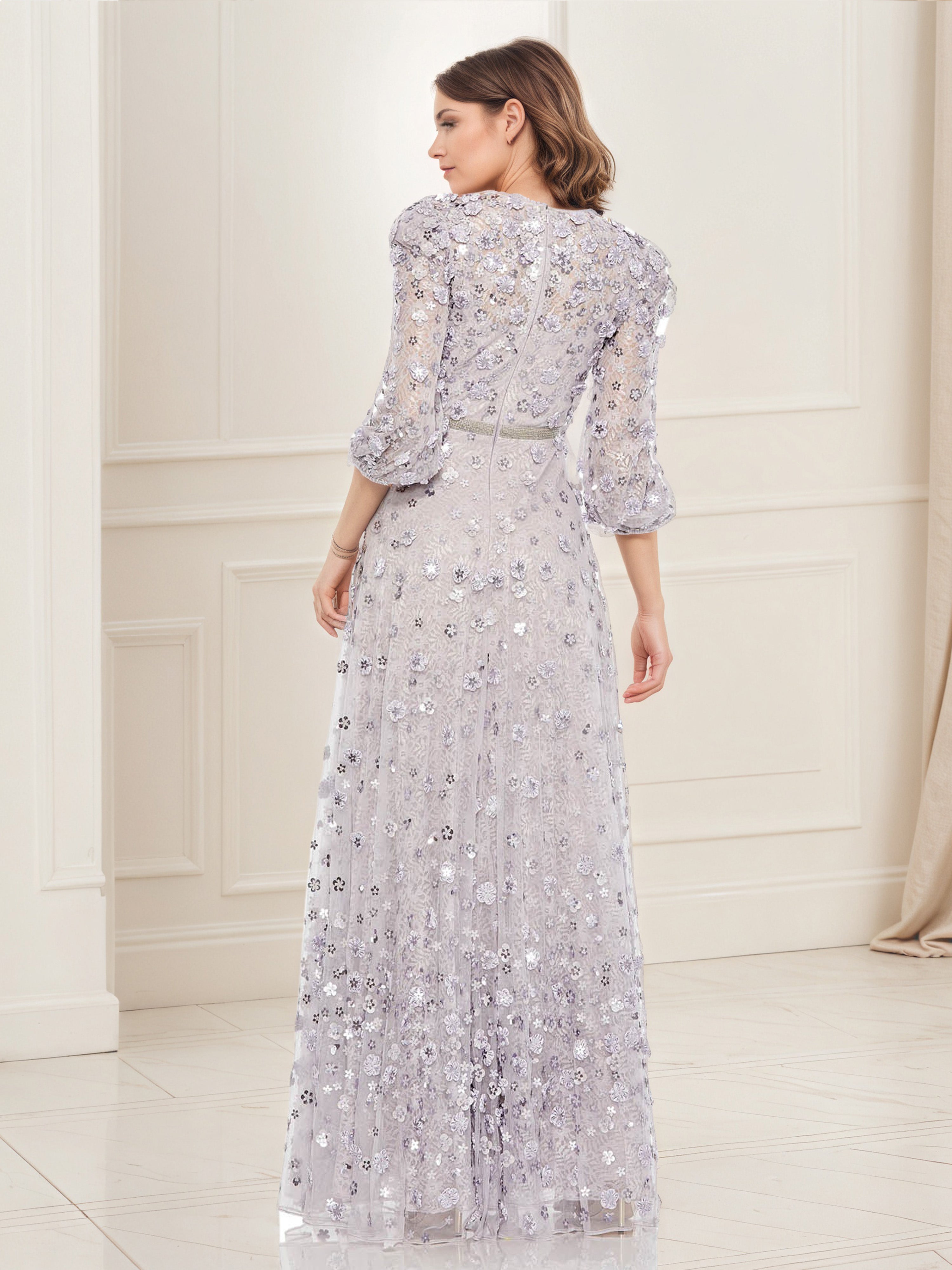 Lavender Prom Dresses Women's Dress Floral Appliques 3/4 Sleeve A-Line Prom Dress