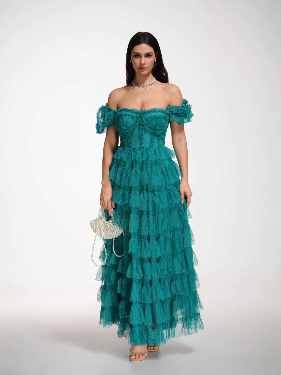 Sweet Polka Dot Ball Gown Off The Shoulder Green Long Prom Dress