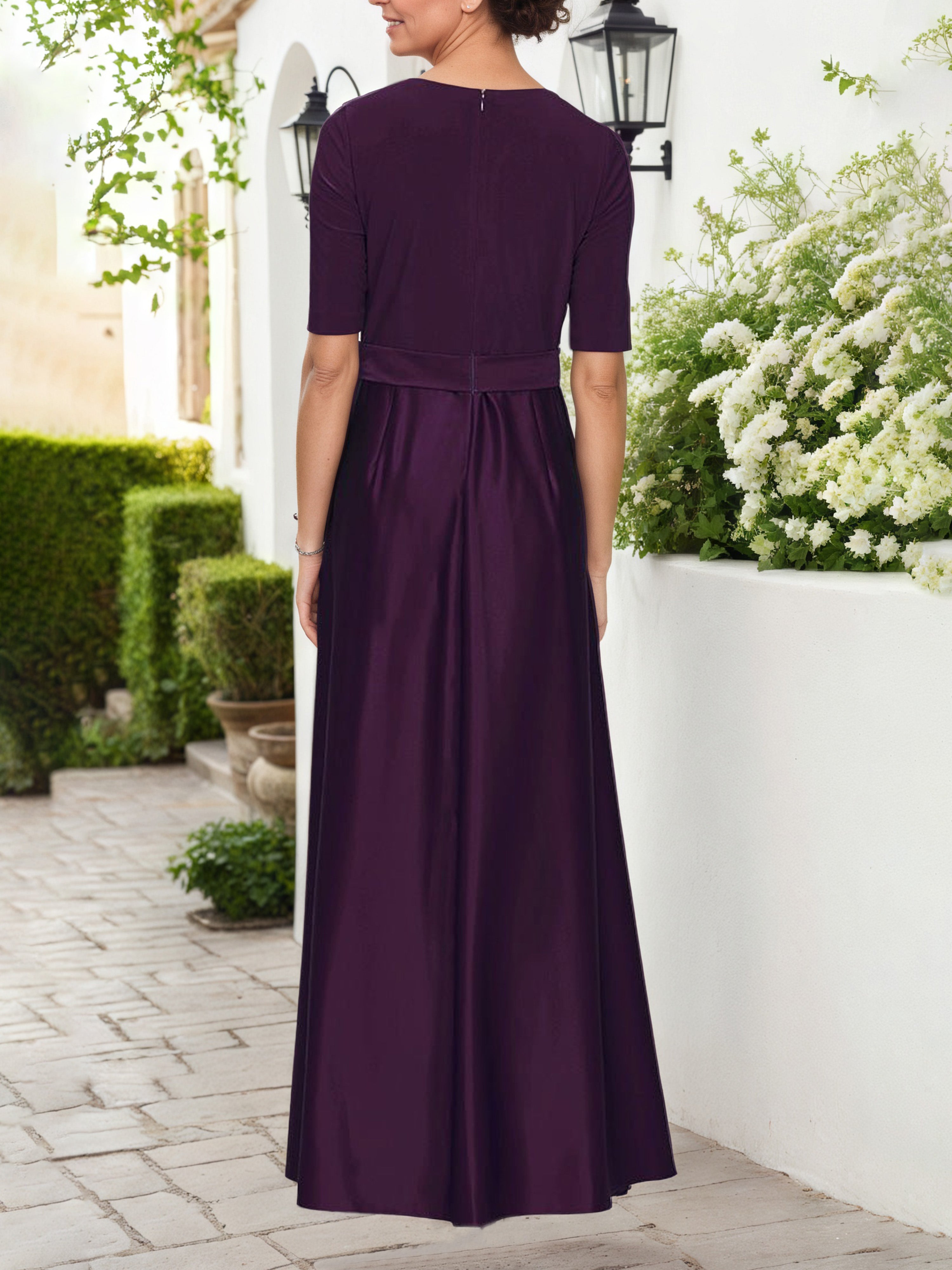 V-Neck Half Sleeves Aubergine A-Line Mother Of The Bride Dress with Belt