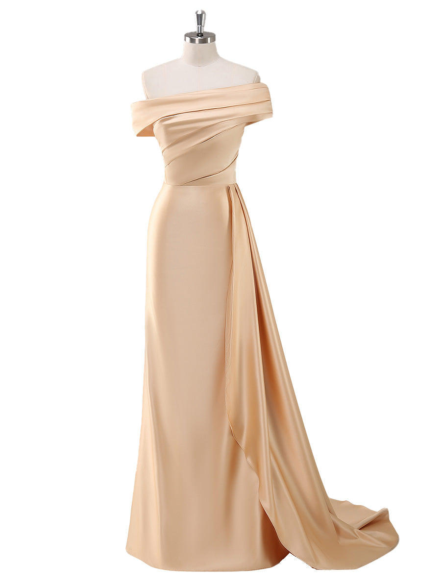 Cicinia Champagne Mother Of The Bride Dresses Stretch Satin Off The Shoulder Sheath Evening Dresses