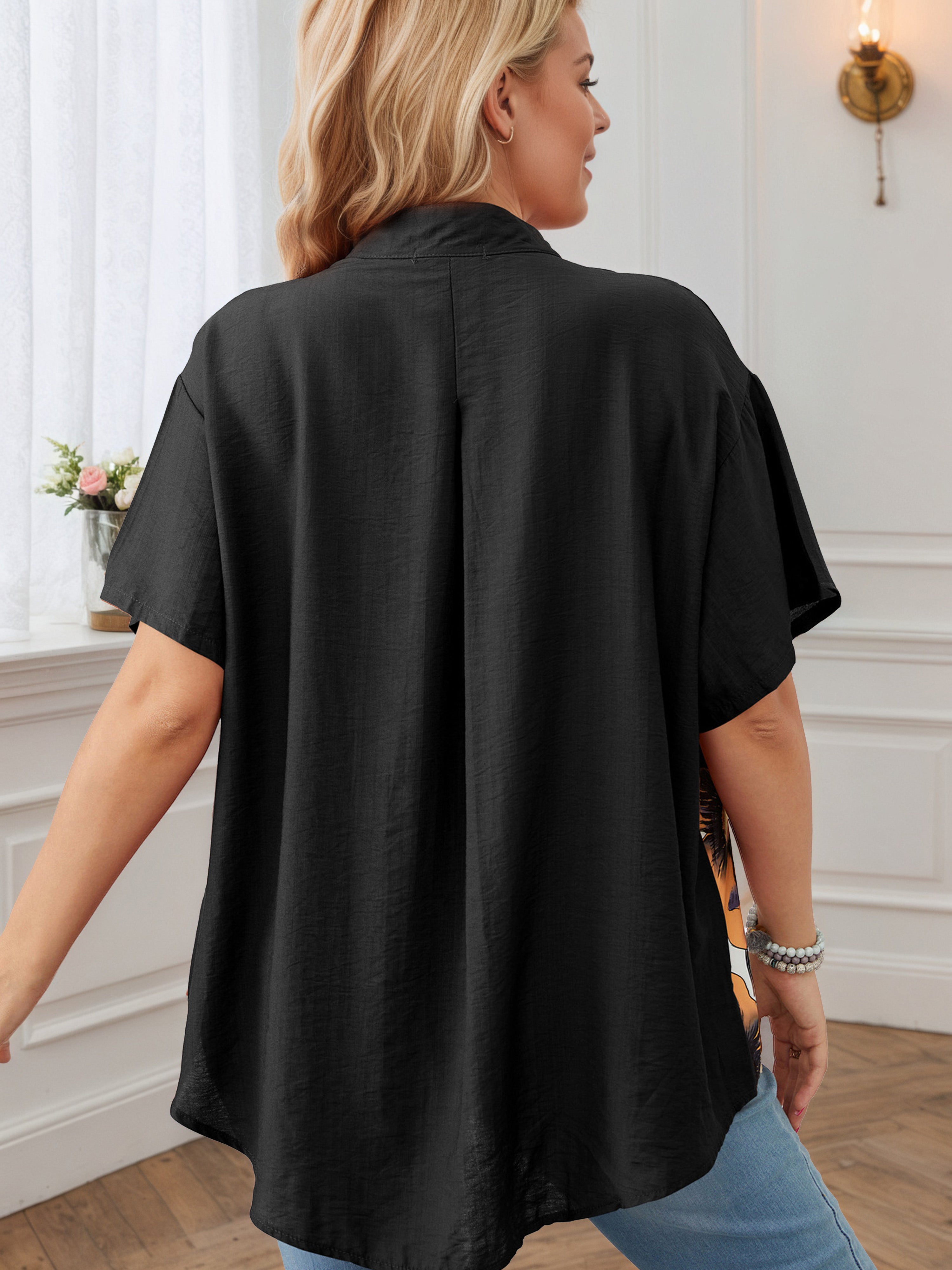Plus Contrast Printed Plain Patchwork Black Blouse