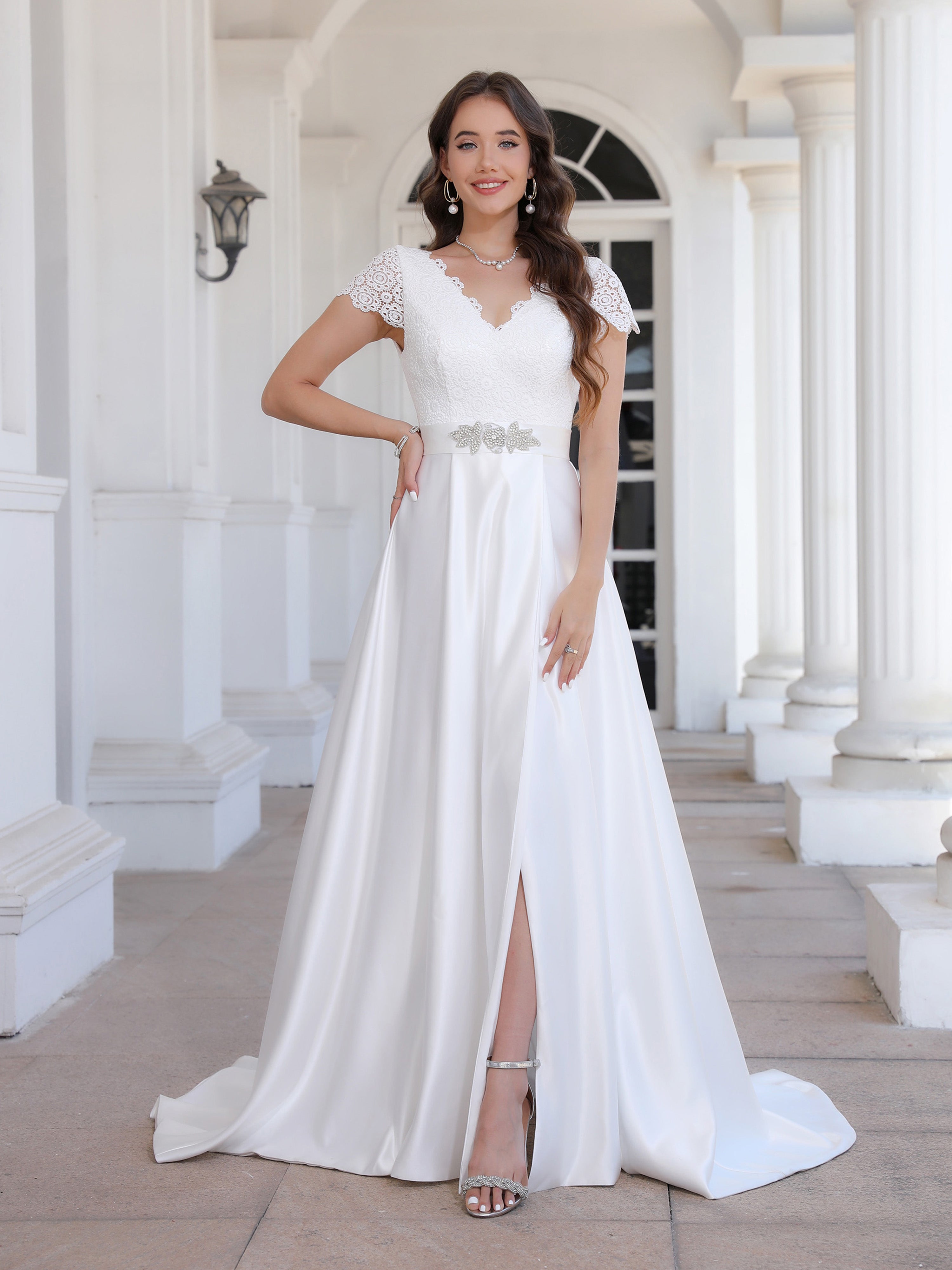 Sweep/Brush Train A Line Short Sleeves Lace Satin Wedding Dress With Beading