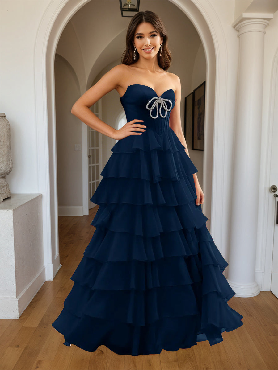 Cicinia Navy Blue Prom Dresses Sweetheart A-Line Layers Floor Length Slit Evening Gowns