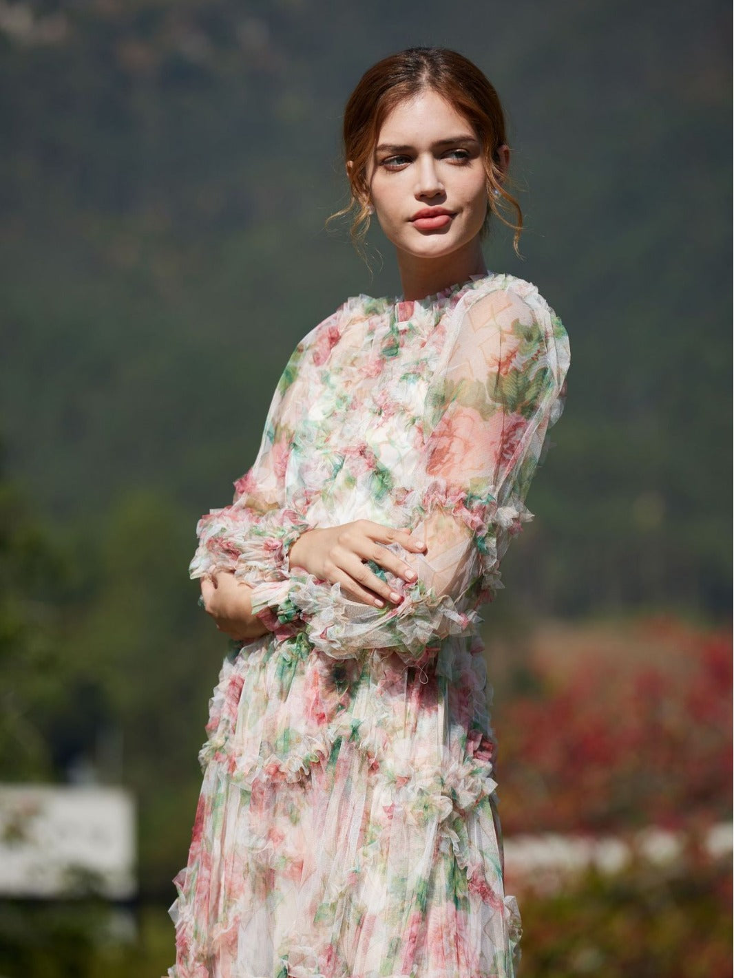 Sweet Floral Printed Long Puffy Sleeve Ruffle Tulle Apricot Prom Dresses
