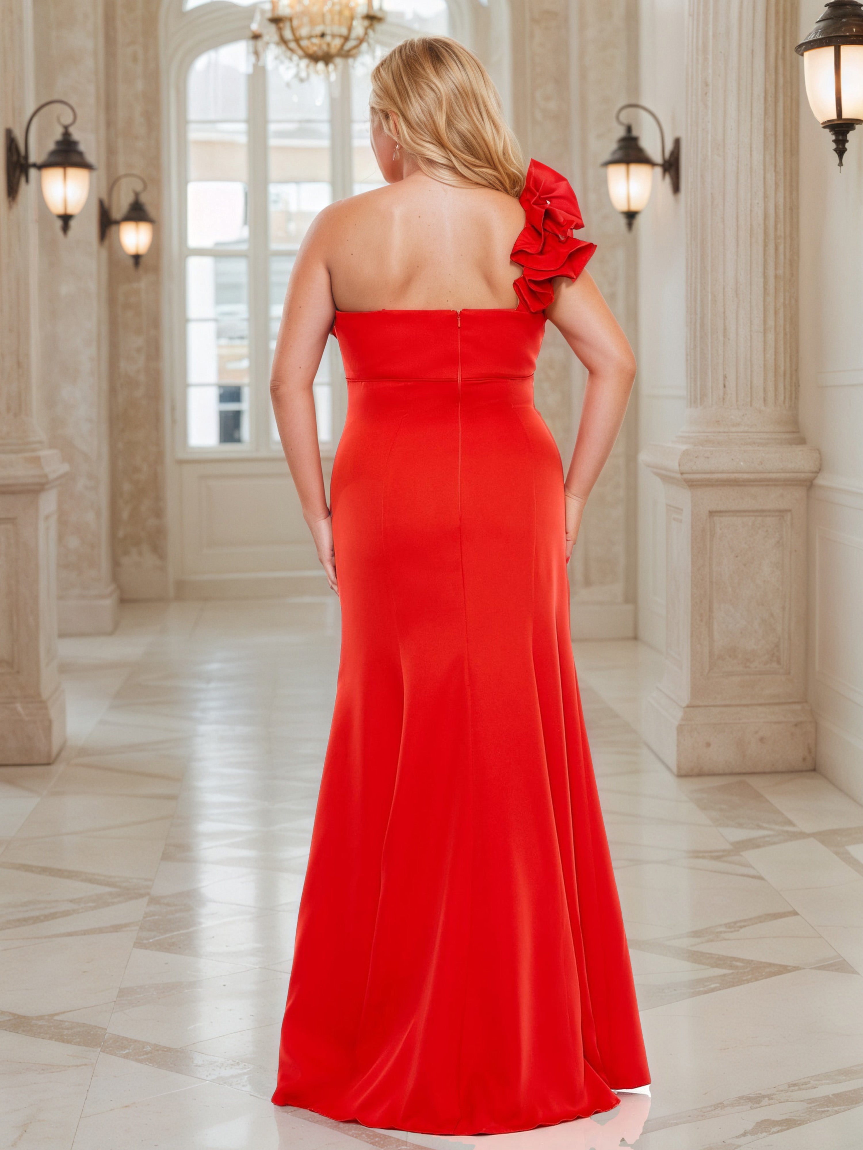 Burnt Orange One Shoulder Prom Dress Sheath Plus Size Dress with Ruffle Neckline