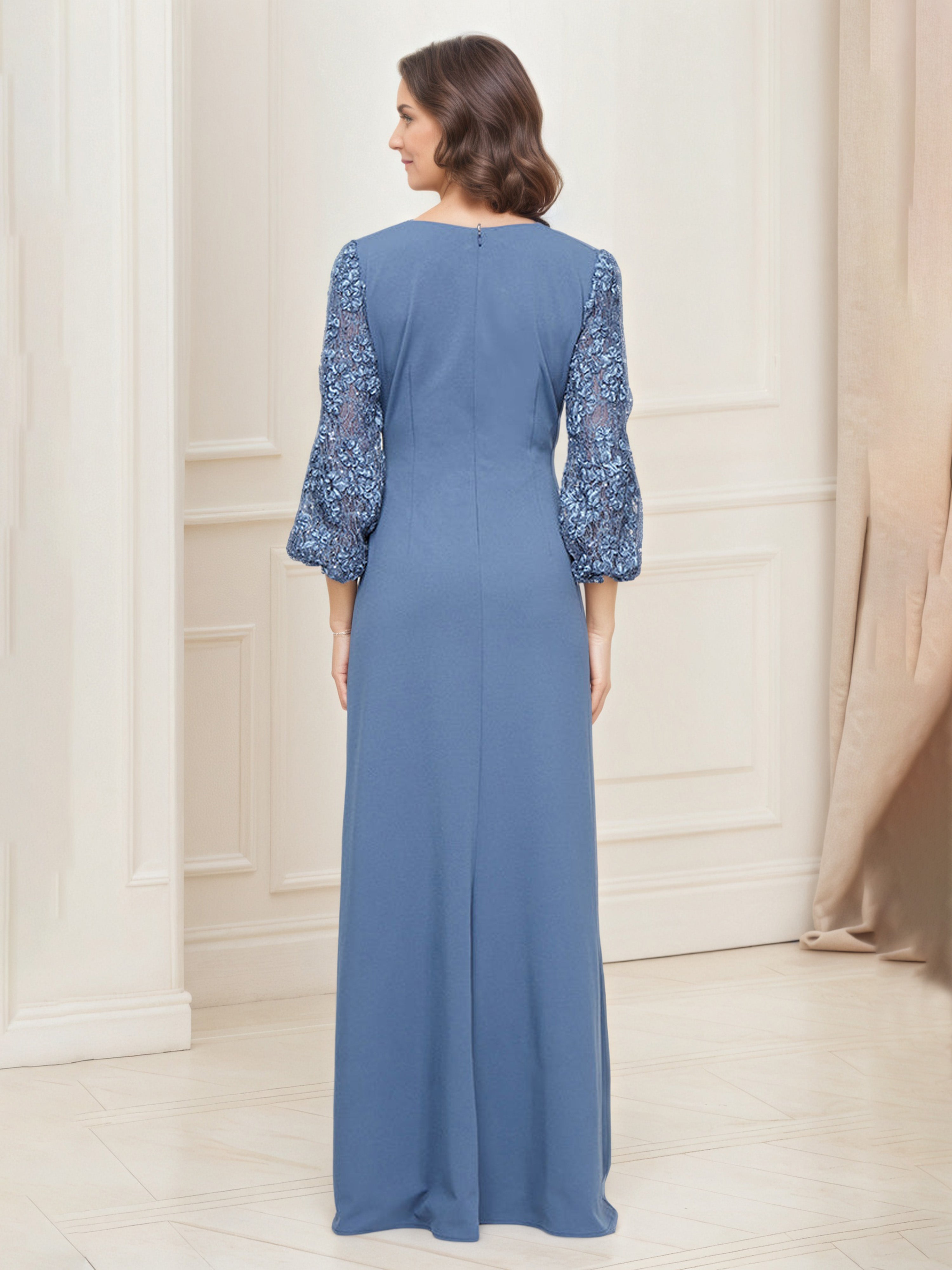 Long Stretch Crepe V-Neck Slate Blue Mother of the Groom Dress with Illusion Sleeves