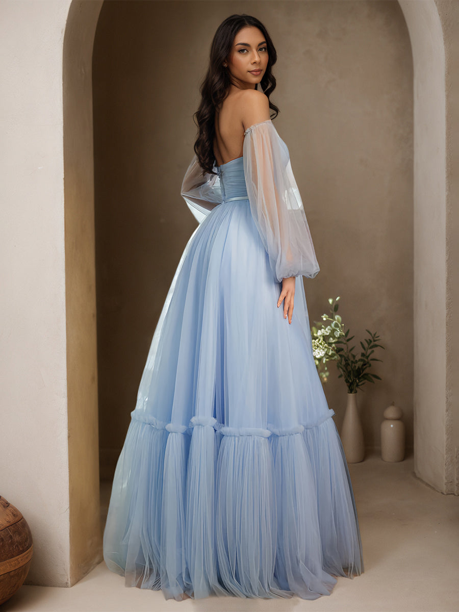 Cicinia Sky Blue Dresses Tulle Sweetheart with Long Sleeves A-Line Floor Length Princess Gown