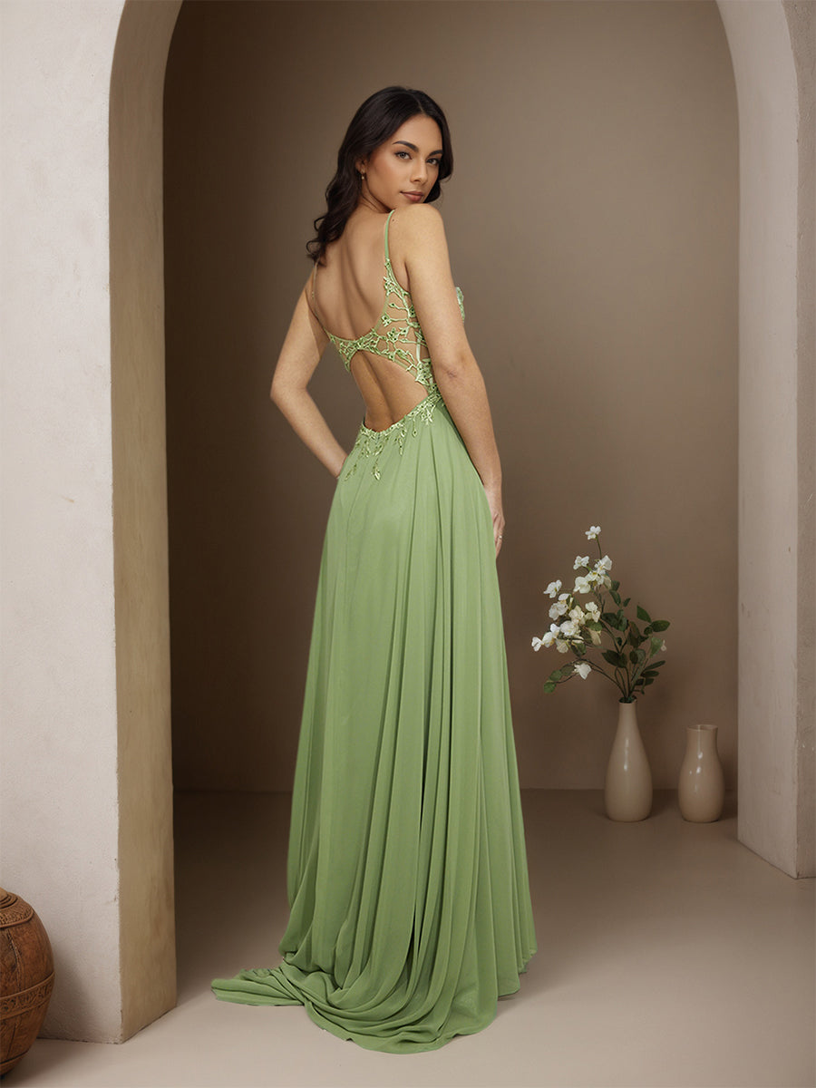 Cicinia Dusty Sage Prom Dresses Chiffon Appliques Lace A-Line Spaghetti Straps Sweep Train Party Dress
