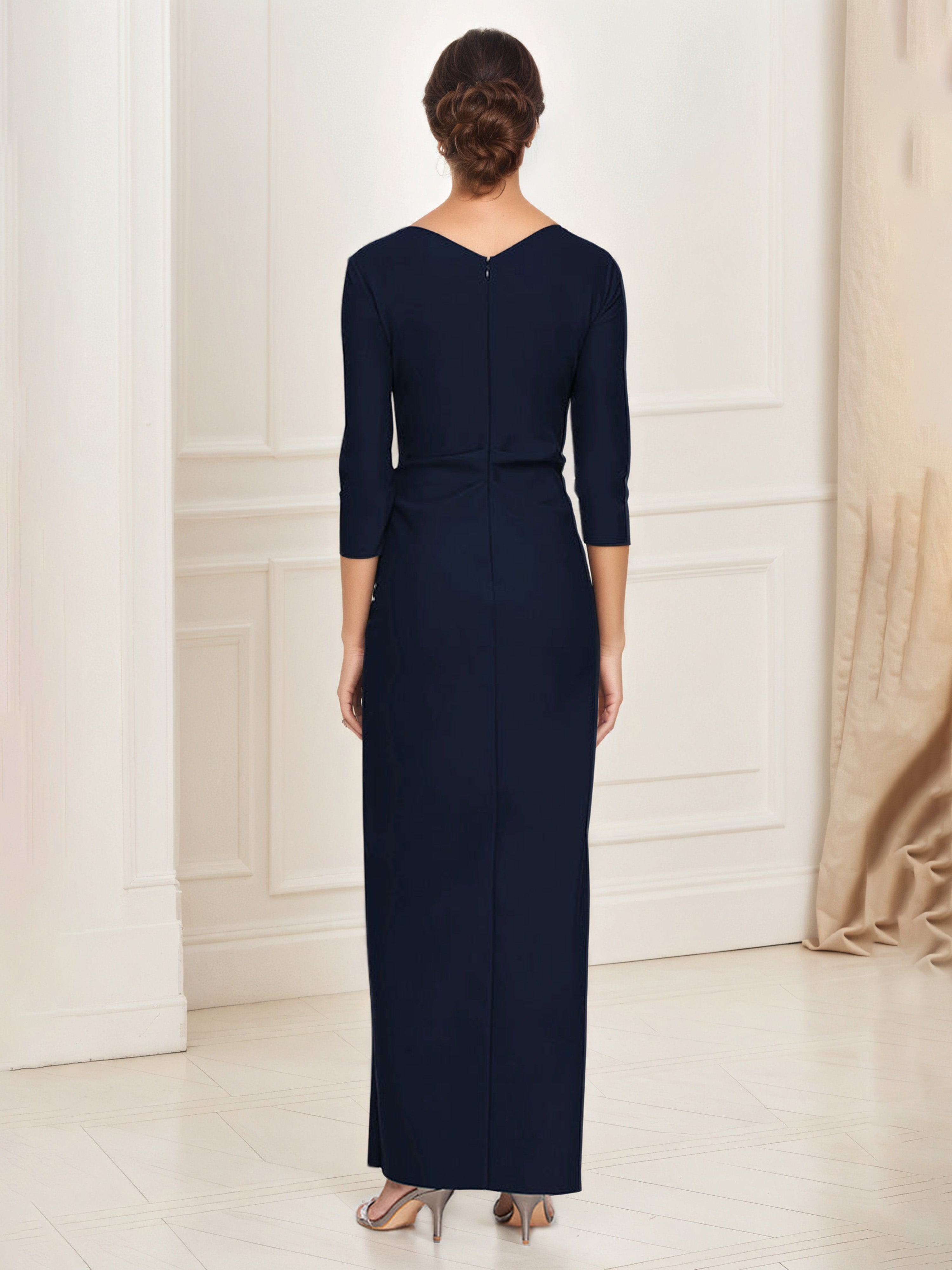Sheath 3/4 Length Sleeves V-Neck Ruched Long Dark Navy Mother Of The Bride Dresses