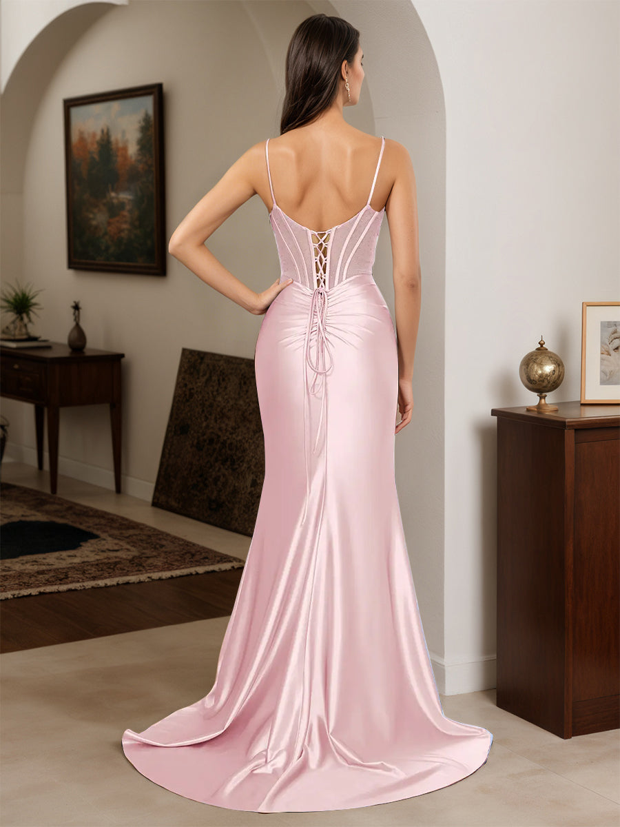 Cicinia Pink Prom Dresses Spaghetti Straps Sleeveless Trumpet/Mermaid Backless Slit Dress Sweep Train with Slit