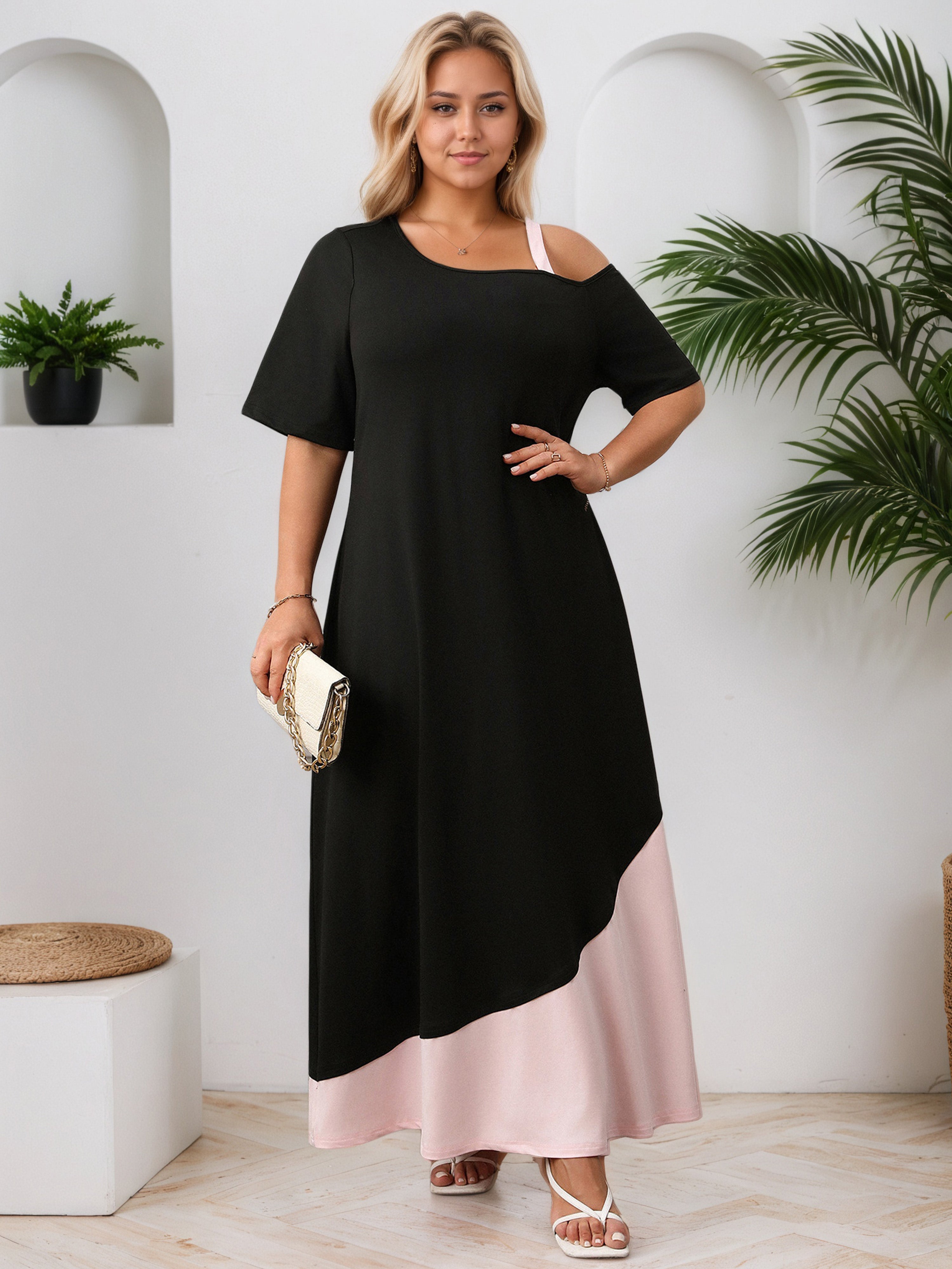 Plain Patchwork One Shoulder Ankle Length Plus Size Dress